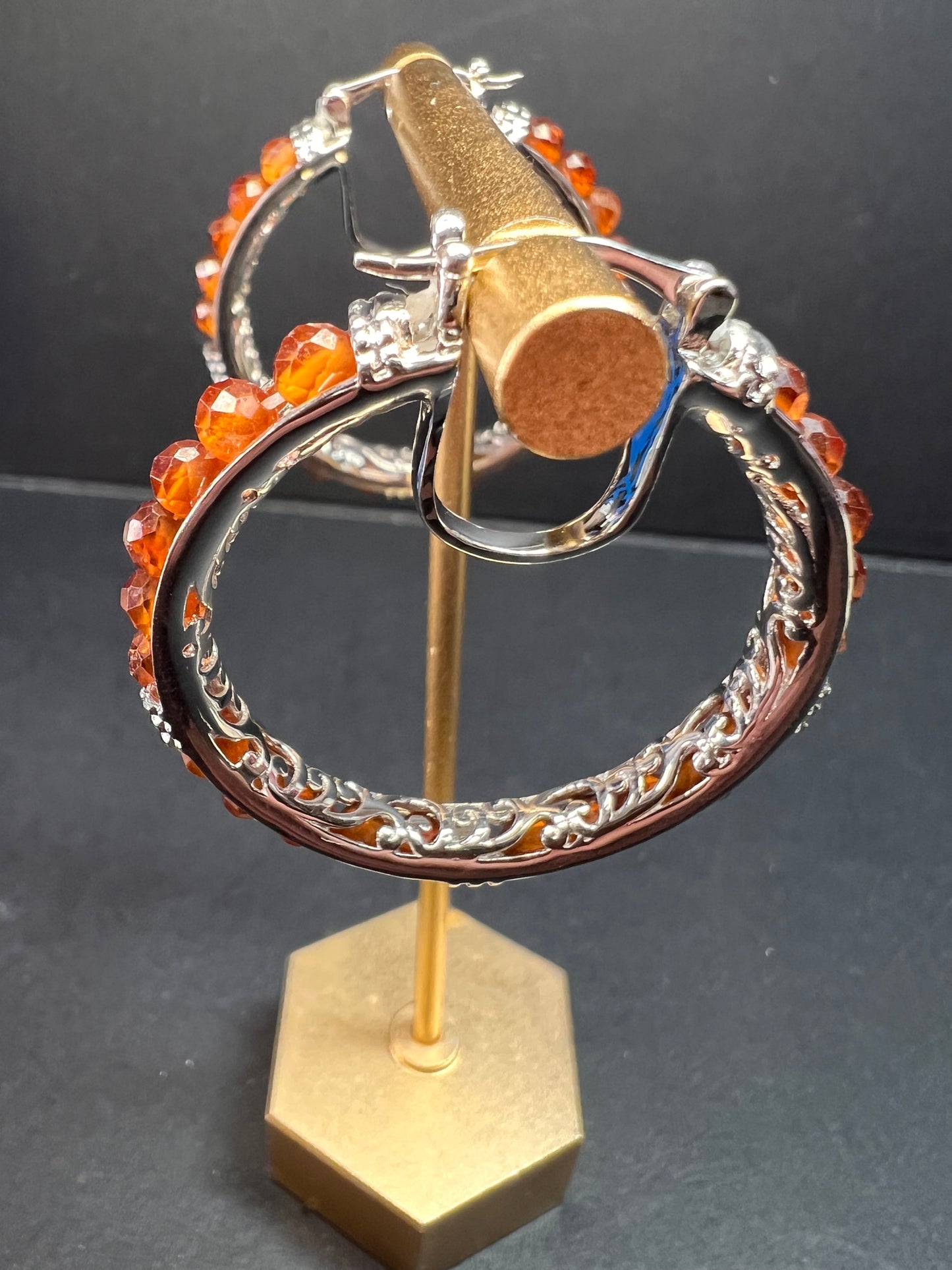 NEW Hessonite garnet hoop earrings in platinum over brass