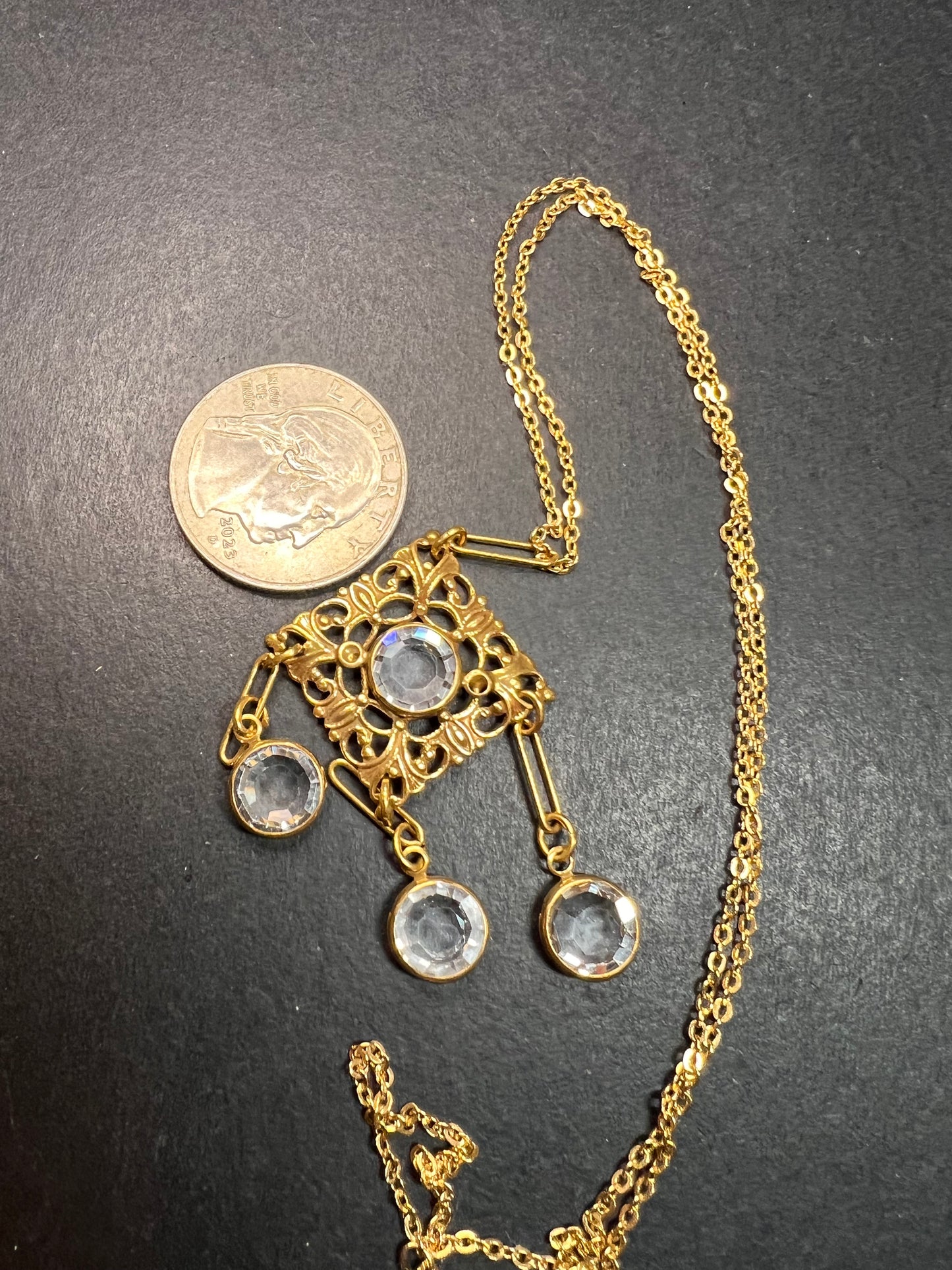 Vintage Victorian Revival Gold Tone Filigree Chandelier Necklace w/ Rivoli Glass