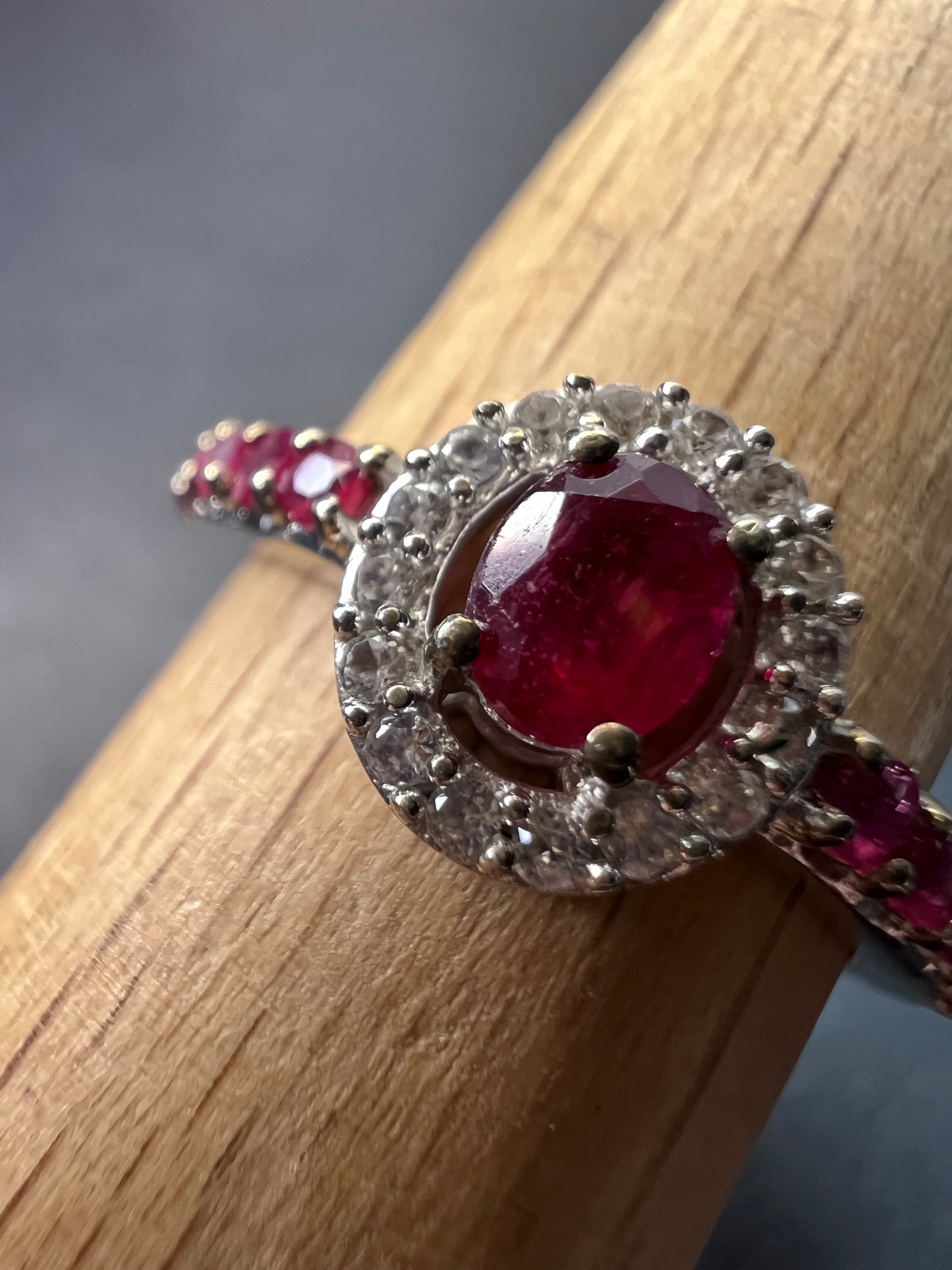 Ruby and zircon sterling silver halo ring size 9