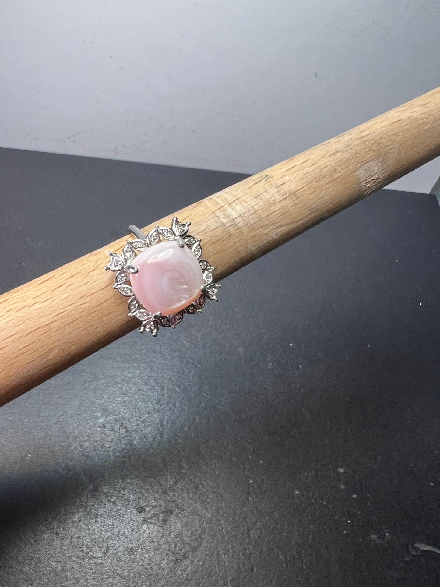 Pink Mother-of-Pearl With White Zircon Rhodium Over Sterling Silver Ring size 8