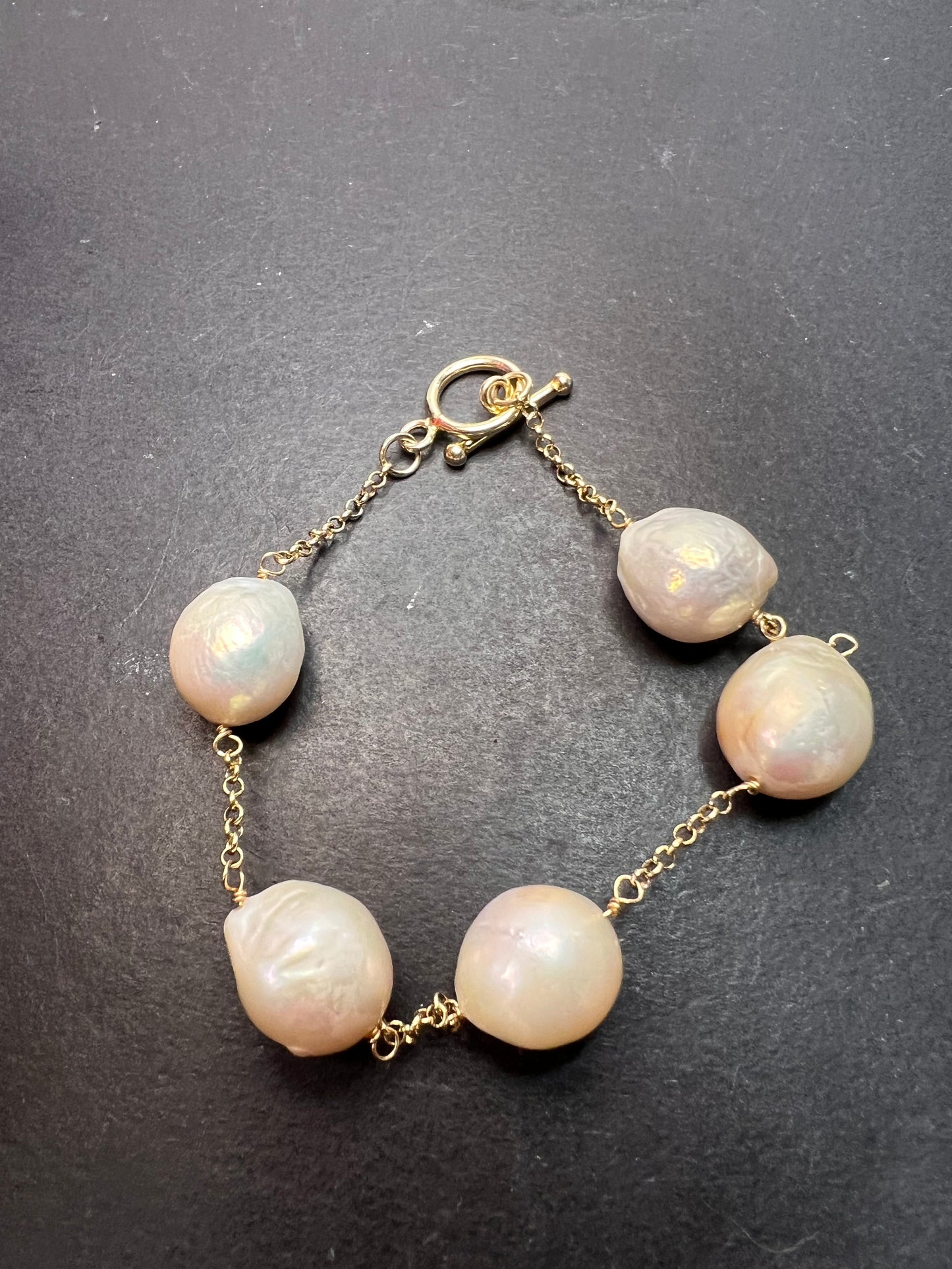 13-15mm Baroque cultured pearl station toggle bracelet in gold over sterling silver