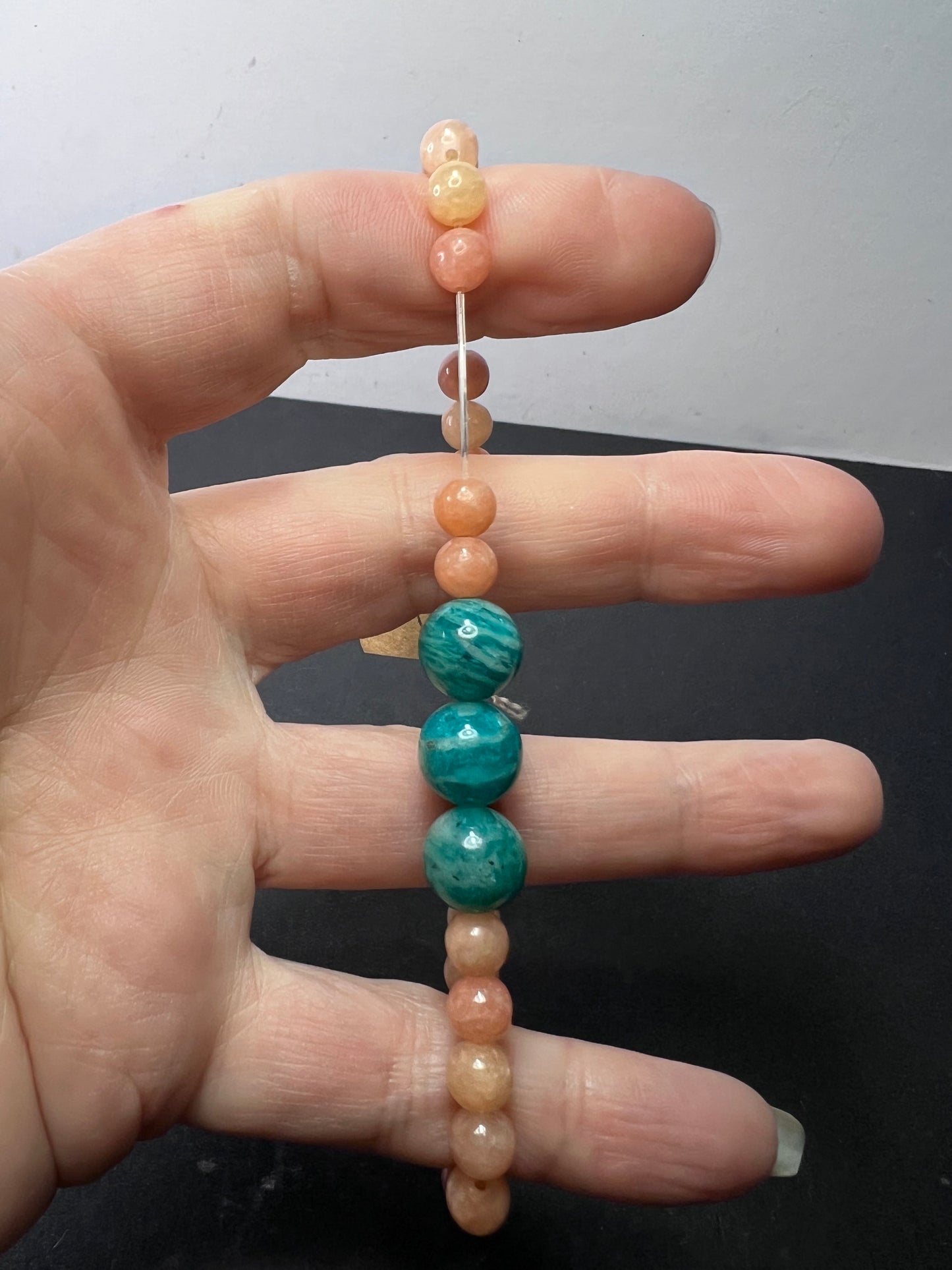 Peach calcite and Russian amazonite stretch bracelet 7 inch