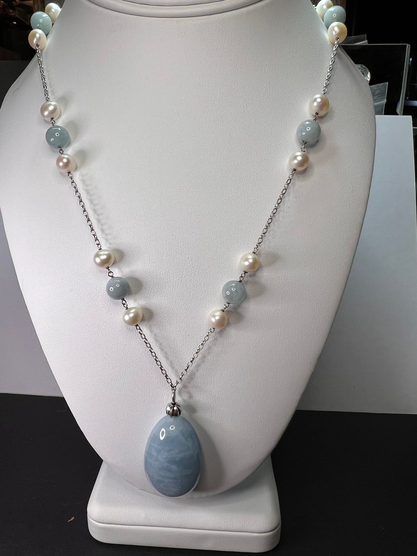 Aquamarine and pearl sterling silver station necklace