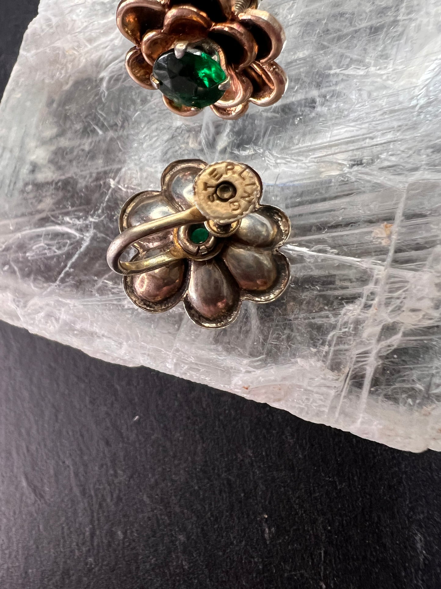 Vintage 1940s Vermeil Flower Screw Back Green Paste Earrings