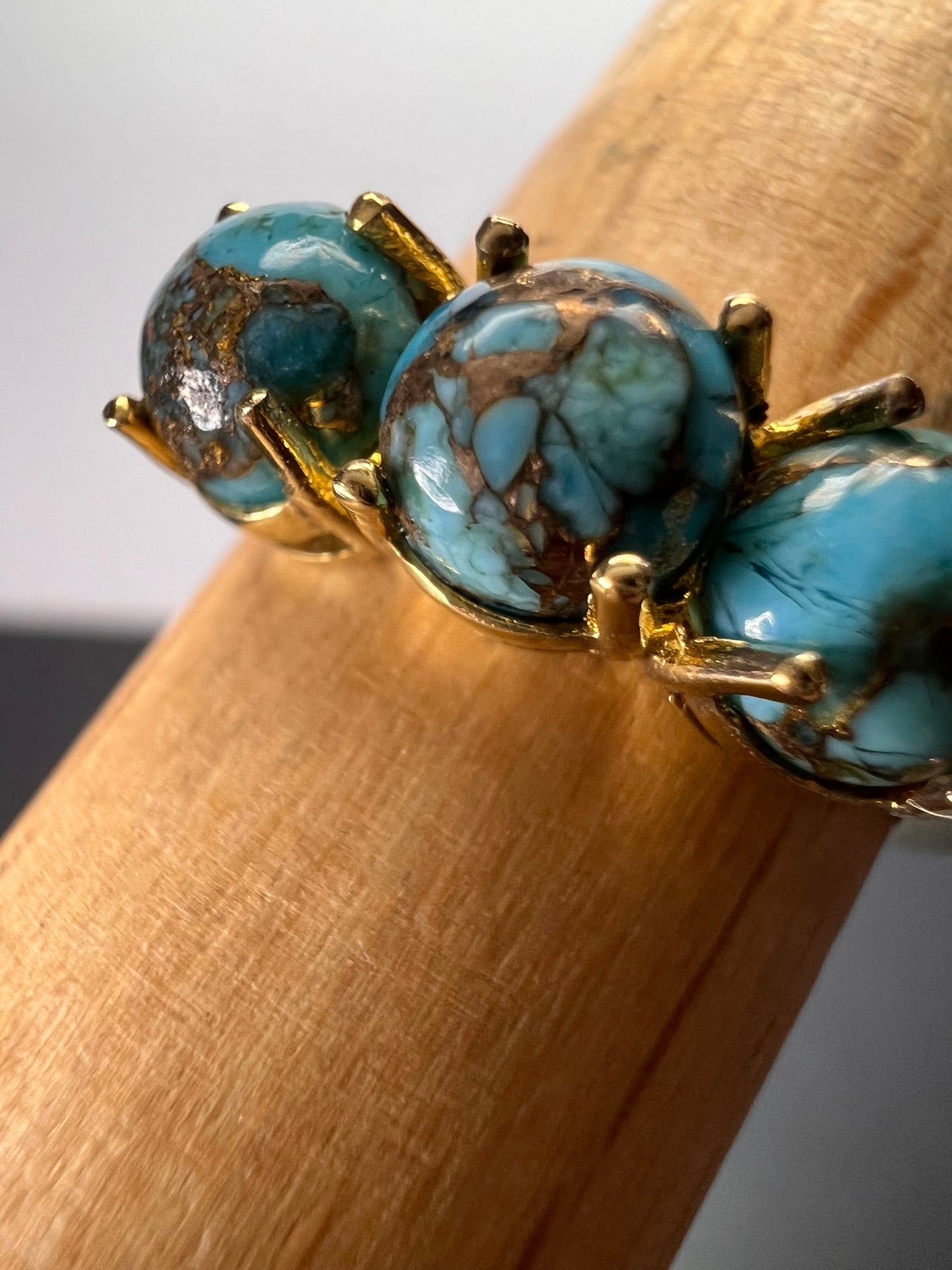 Blue composite turquoise trilogy ring in gold over sterling silver size 9