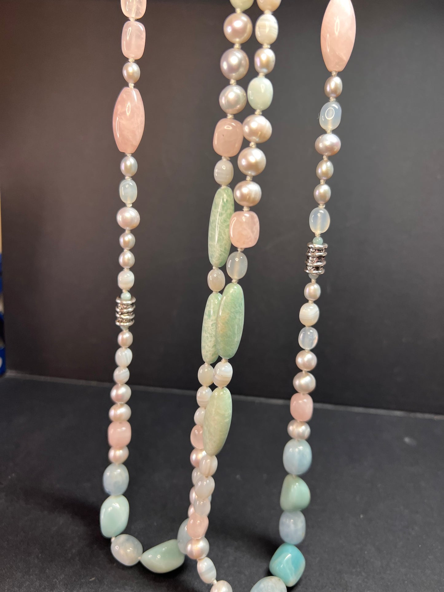 NEW amazonite , pearl multi stone sterling silver 30 inch necklace