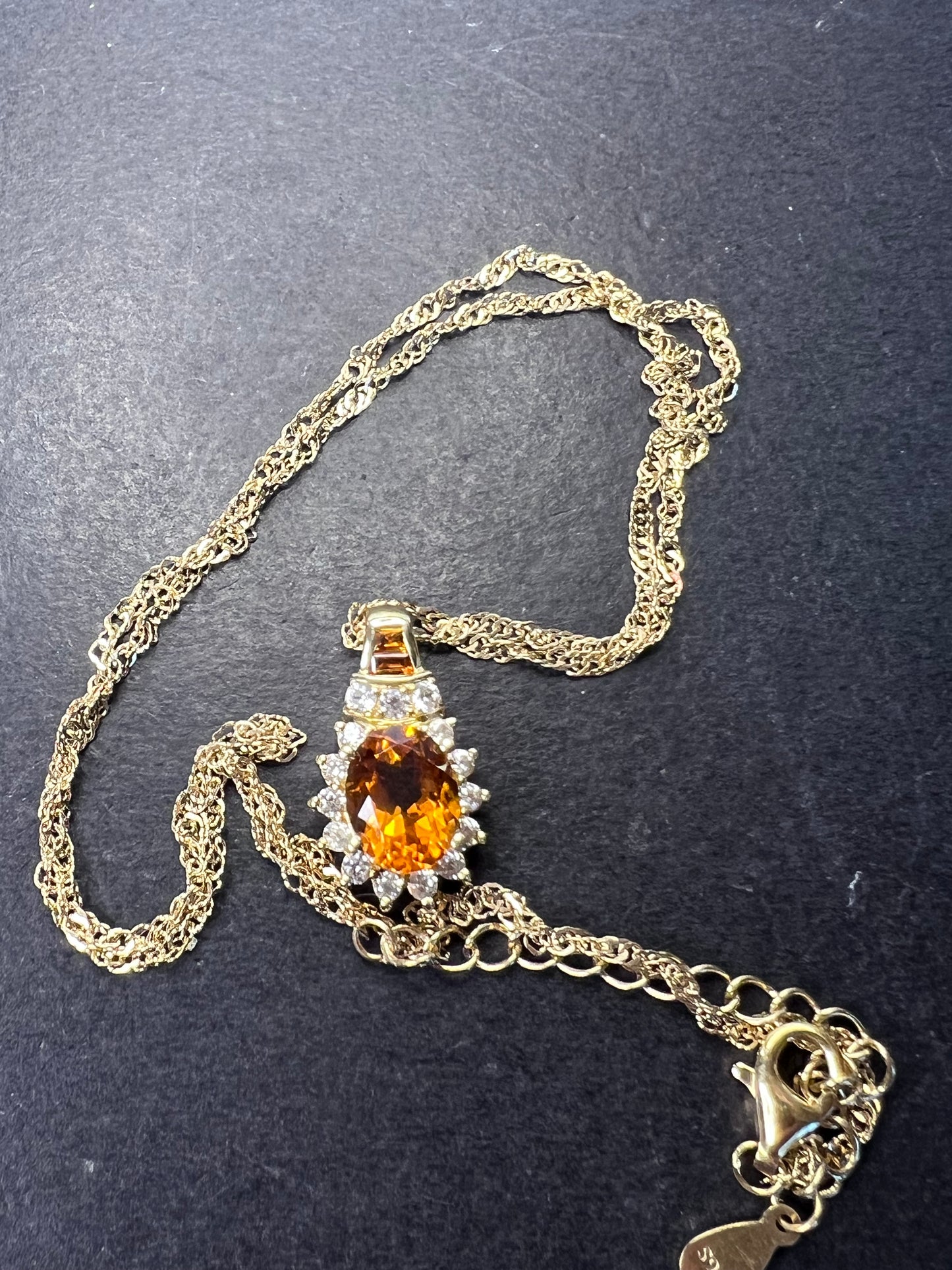 Mandarin citrine and white topaz halo pendant necklace in 14k gold over sterling silver