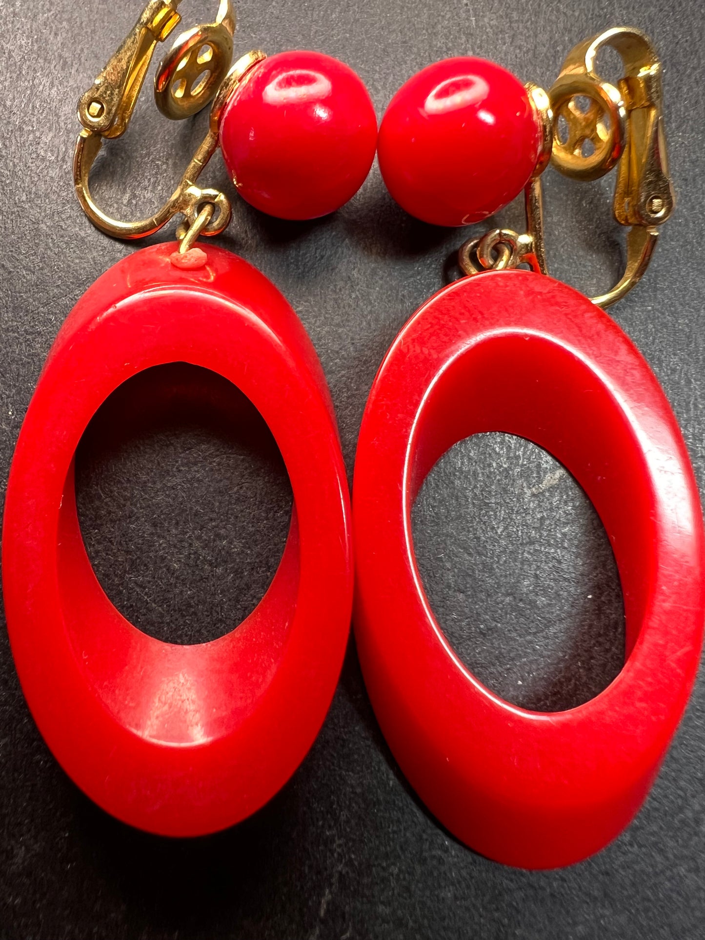 Vintage Trifari red lucite hoop clip on earrings