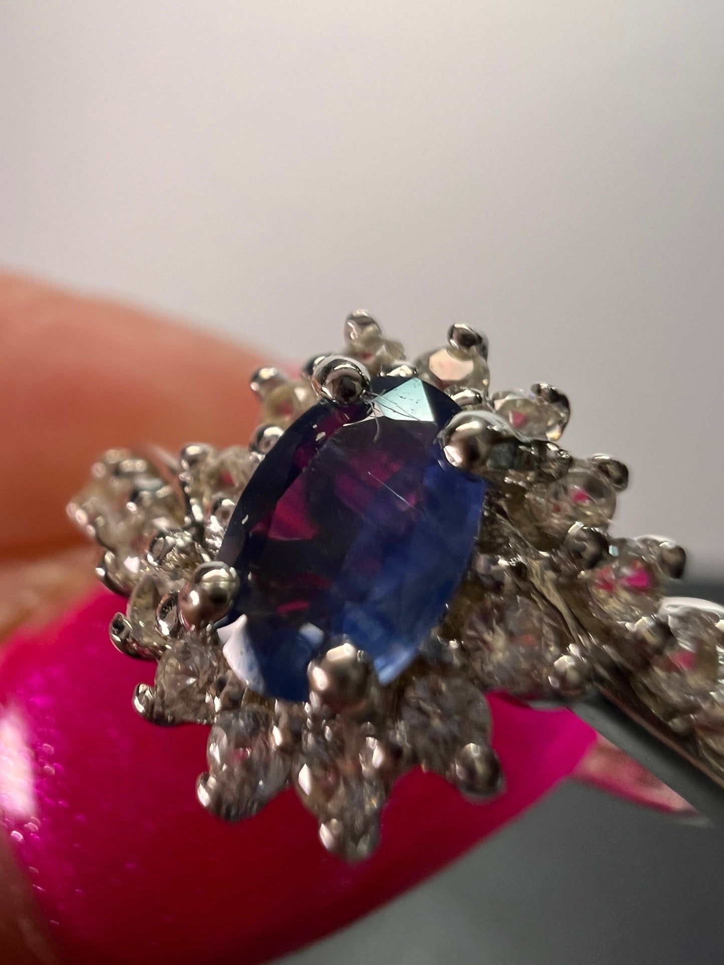 Blue sapphire and zircon floral ring in platinum over sterling silver size 5