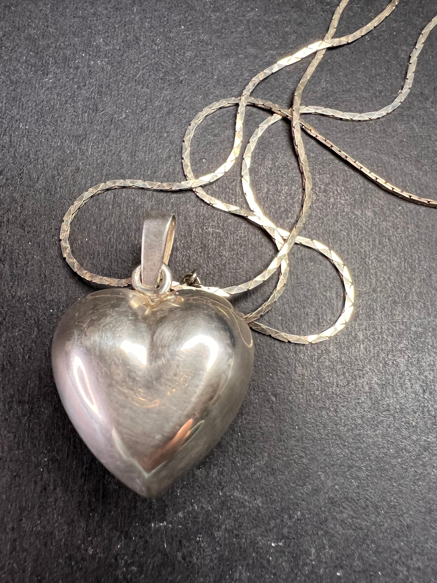 Vintage Sterling Puffy Heart Harmony Pendant on 20” Diamond-Cut Chain