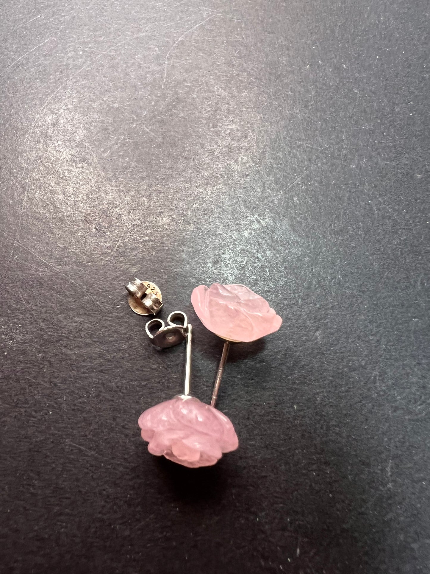 Rose quartz carved roses stud earrings with sterling silver posts