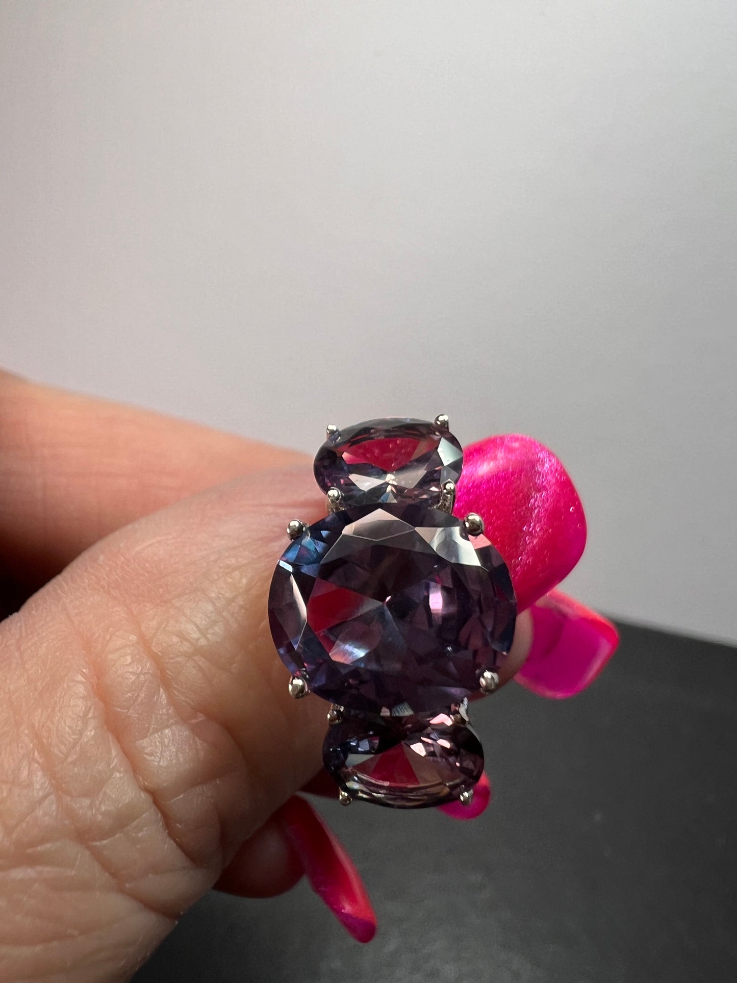 Lab created alexandrite trilogy ring in rhodium over sterling silver size 9