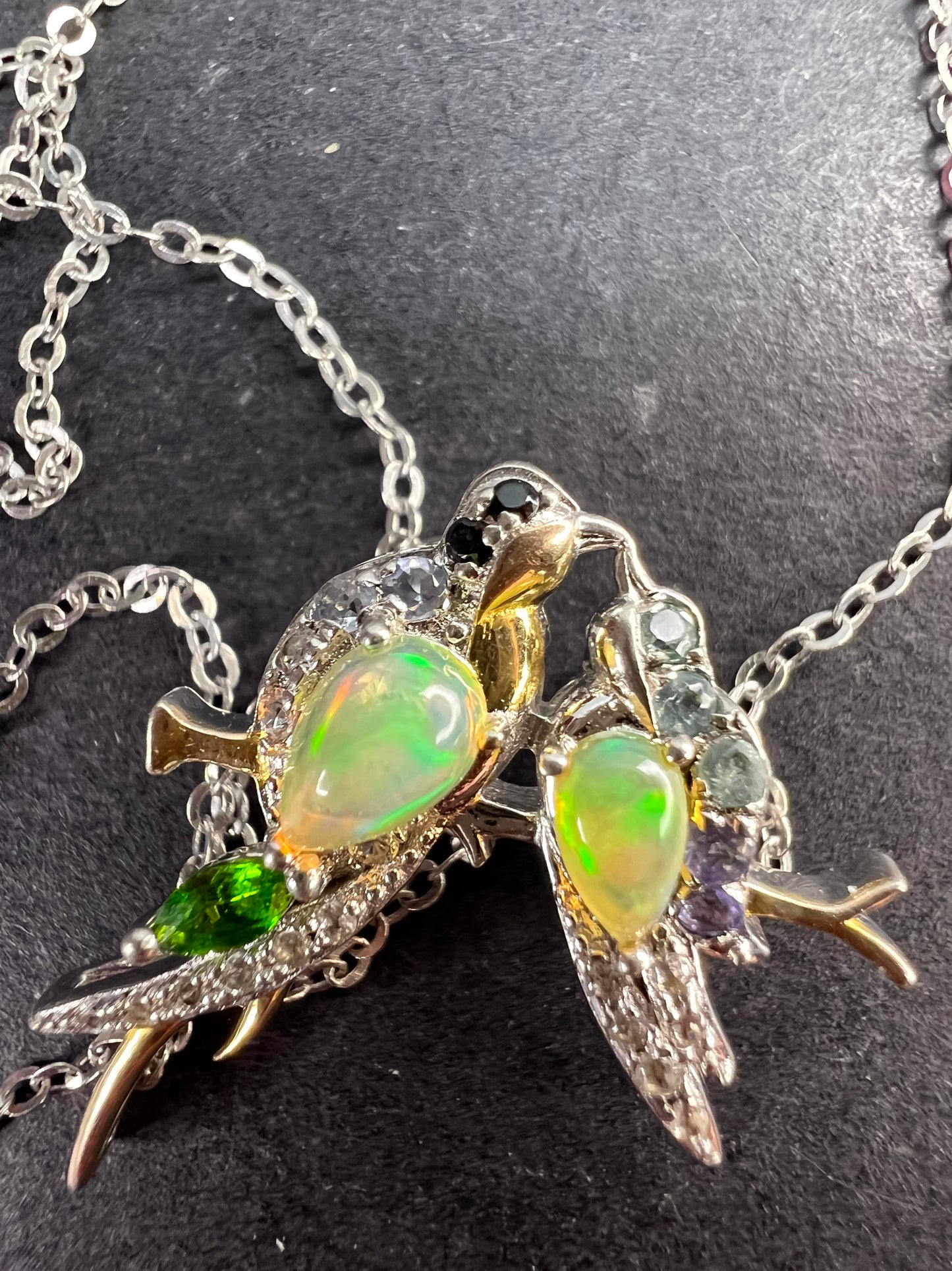 Ethiopian opal love birds multi gemstone two toned pendant and chain in gold and rhodium over sterling silver