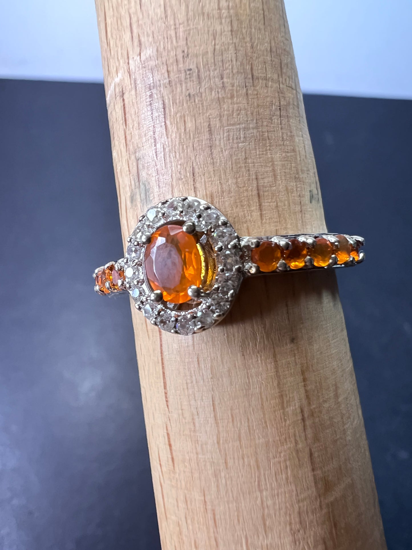 Mexican fire opal halo ring in sterling silver size 9