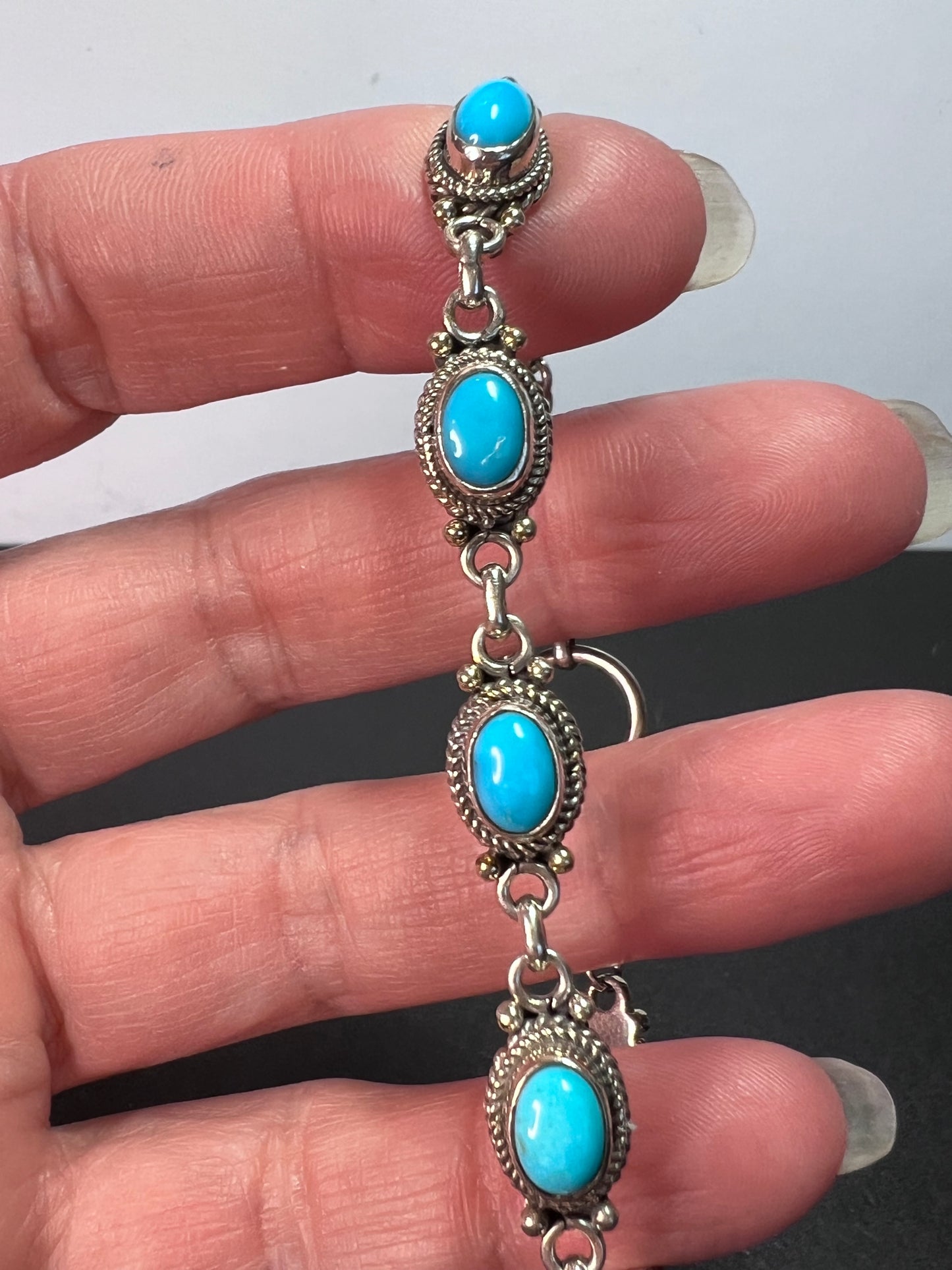 Turquoise and sterling silver link bracelet with toggle clasp