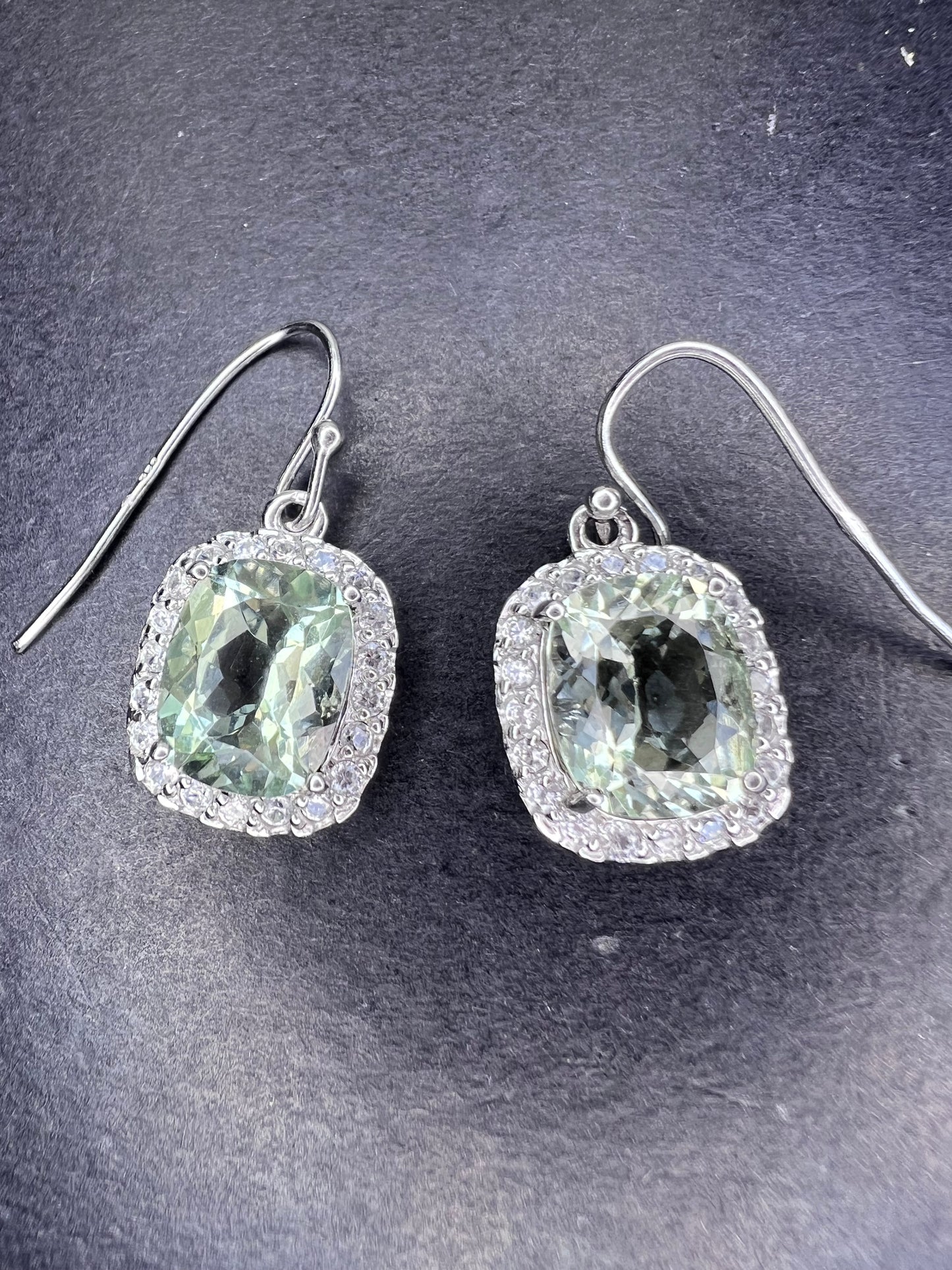 Prasiolite and zircon sterling silver halo earrings