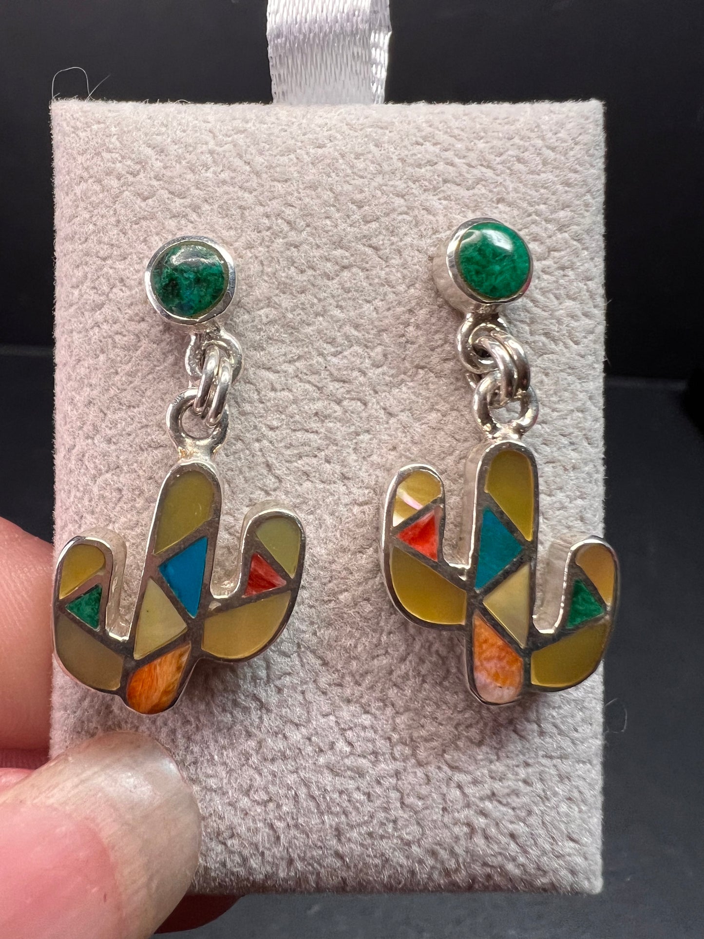 NEW Sterling Silver Peruvian Artistry Mosaic Cactus Earrings – Multi-Gemstone Inlay
