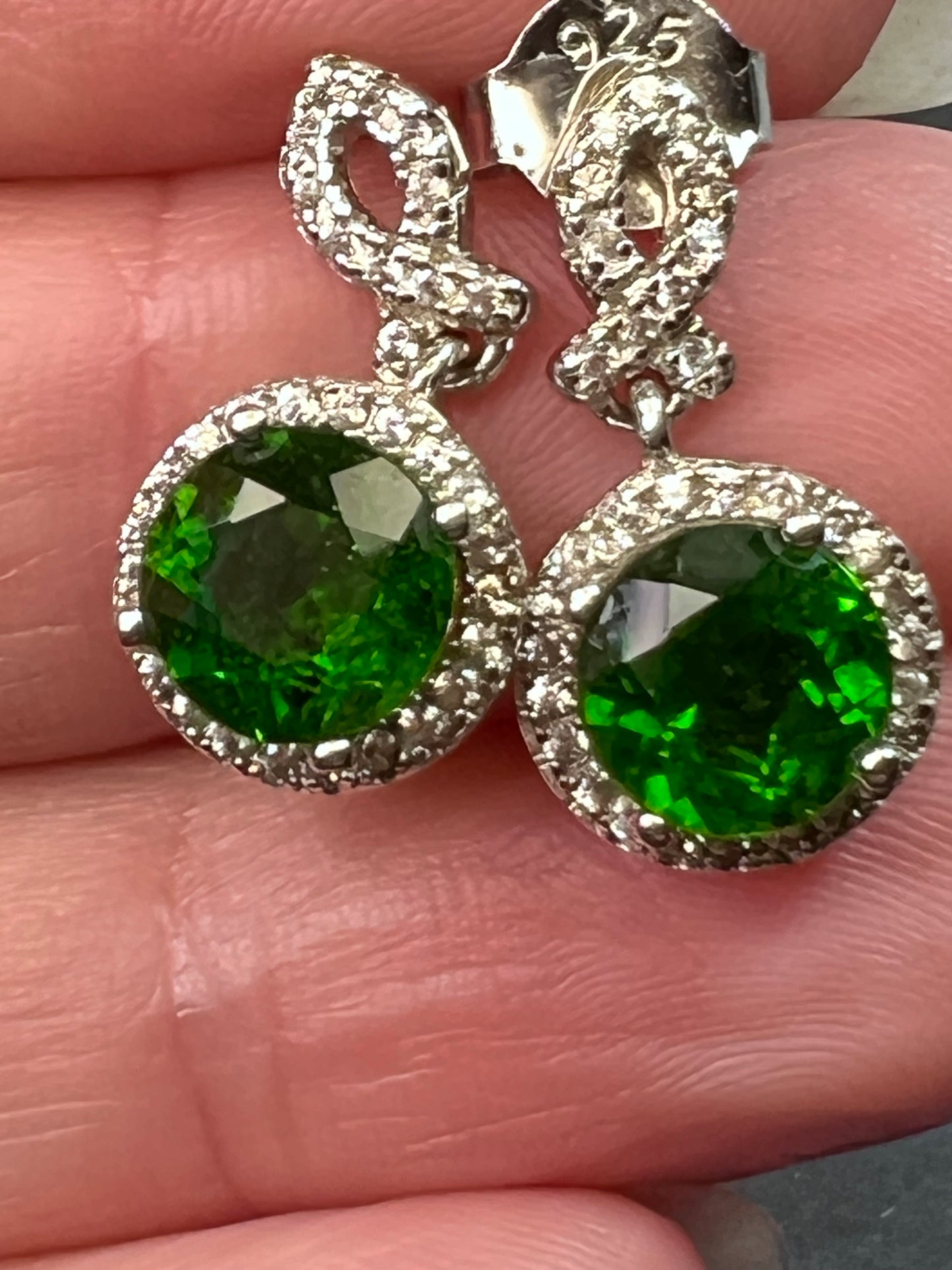 Chrome diopside dangle halo earrings