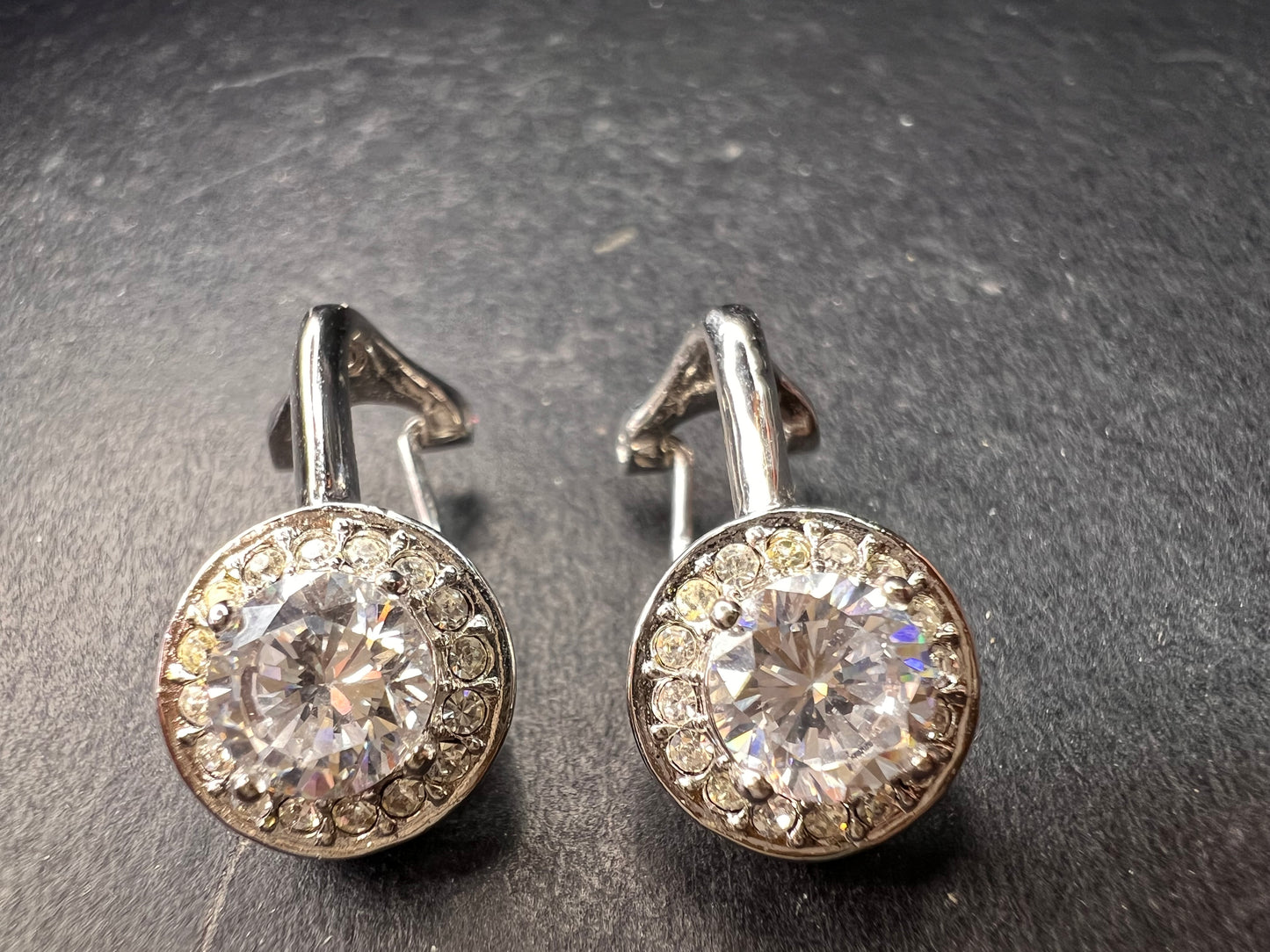 Silver Plated 6mm CZ Halo Omega Back Earrings Sparkly Round Studs