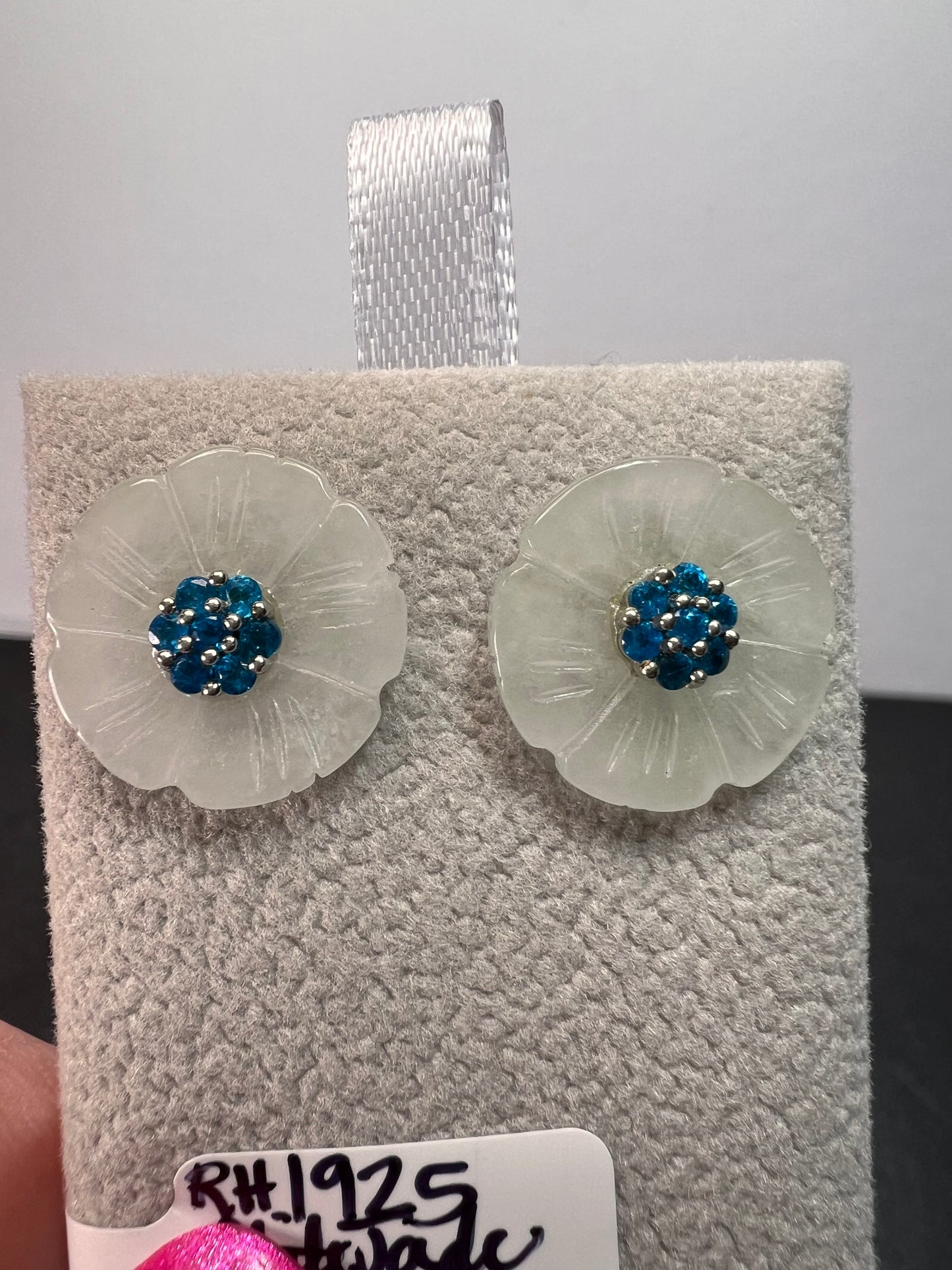 White Jade and neon blue apatite flower earrings in sterling silver