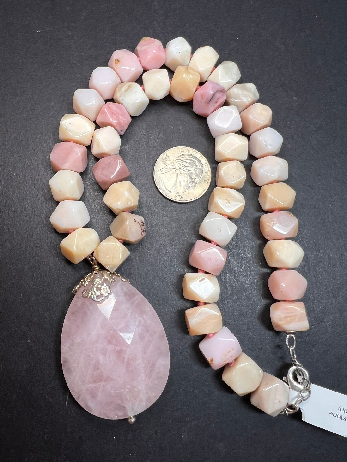 NEW pink opal and rose quartz Sterling silver necklace