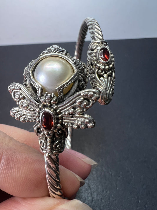 Sarda designer dragonfly, pearl and garnet sterling silver cuff bracelet