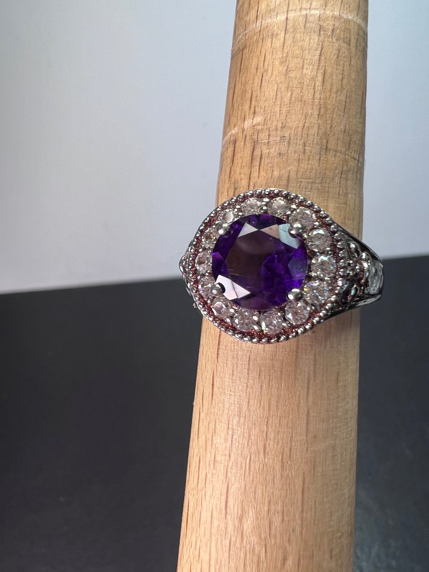 Amethyst and white spinel sterling silver halo ring size 9