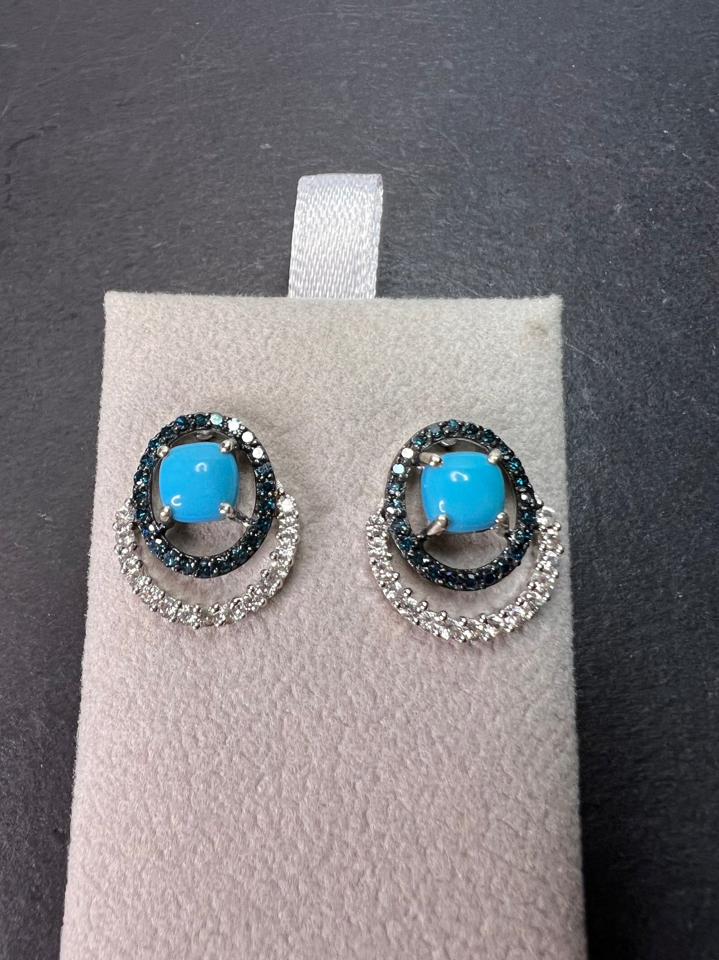 Sleeping Beauty turquoise and blue diamond double ring earrings in platinum over sterling silver