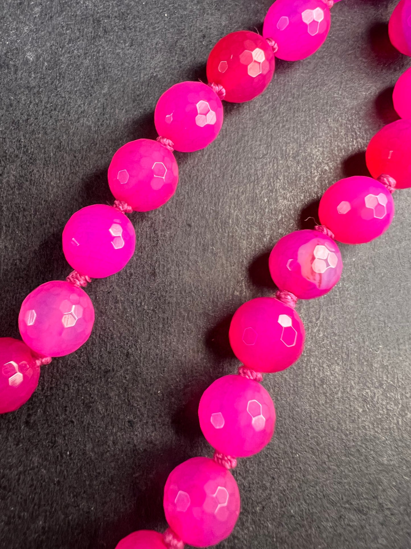 NEW fuchsia pink dyed agate 36 inch knotted bead necklace with sterling silver clasp