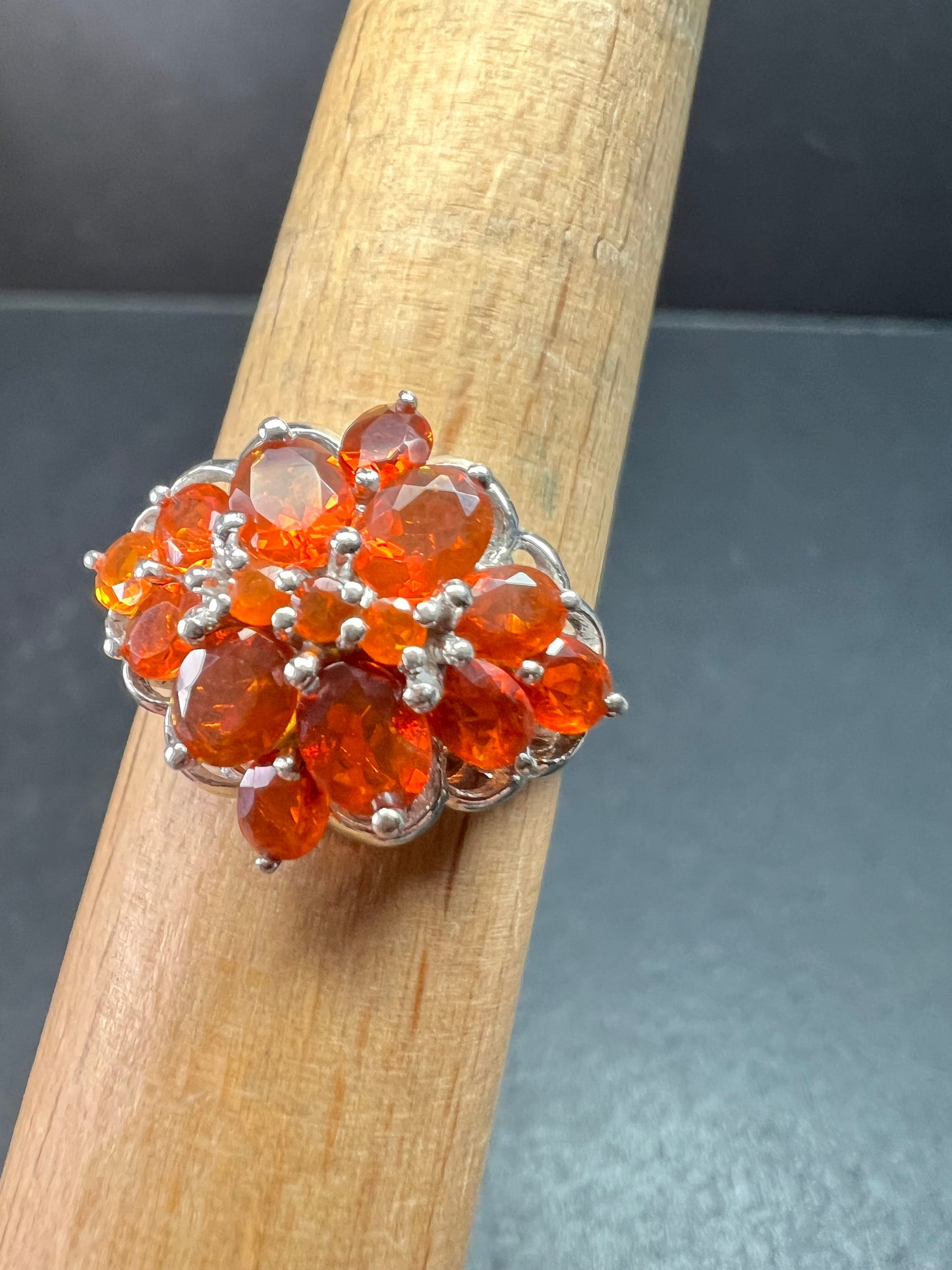 Vintage Sterling Silver Mexican Fire Opal Floral Cluster Ring Sz 9