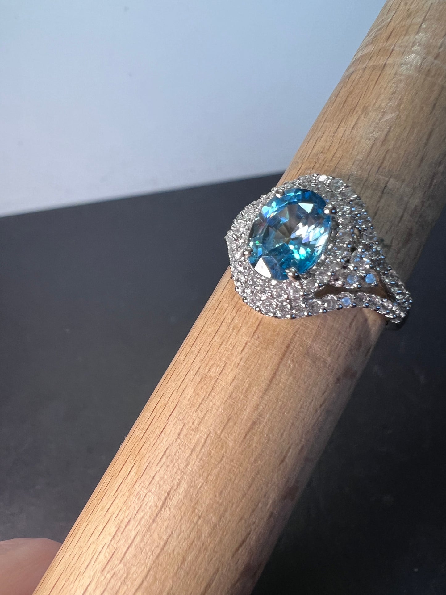 10k white gold blue topaz and white zircon double halo ring size 9