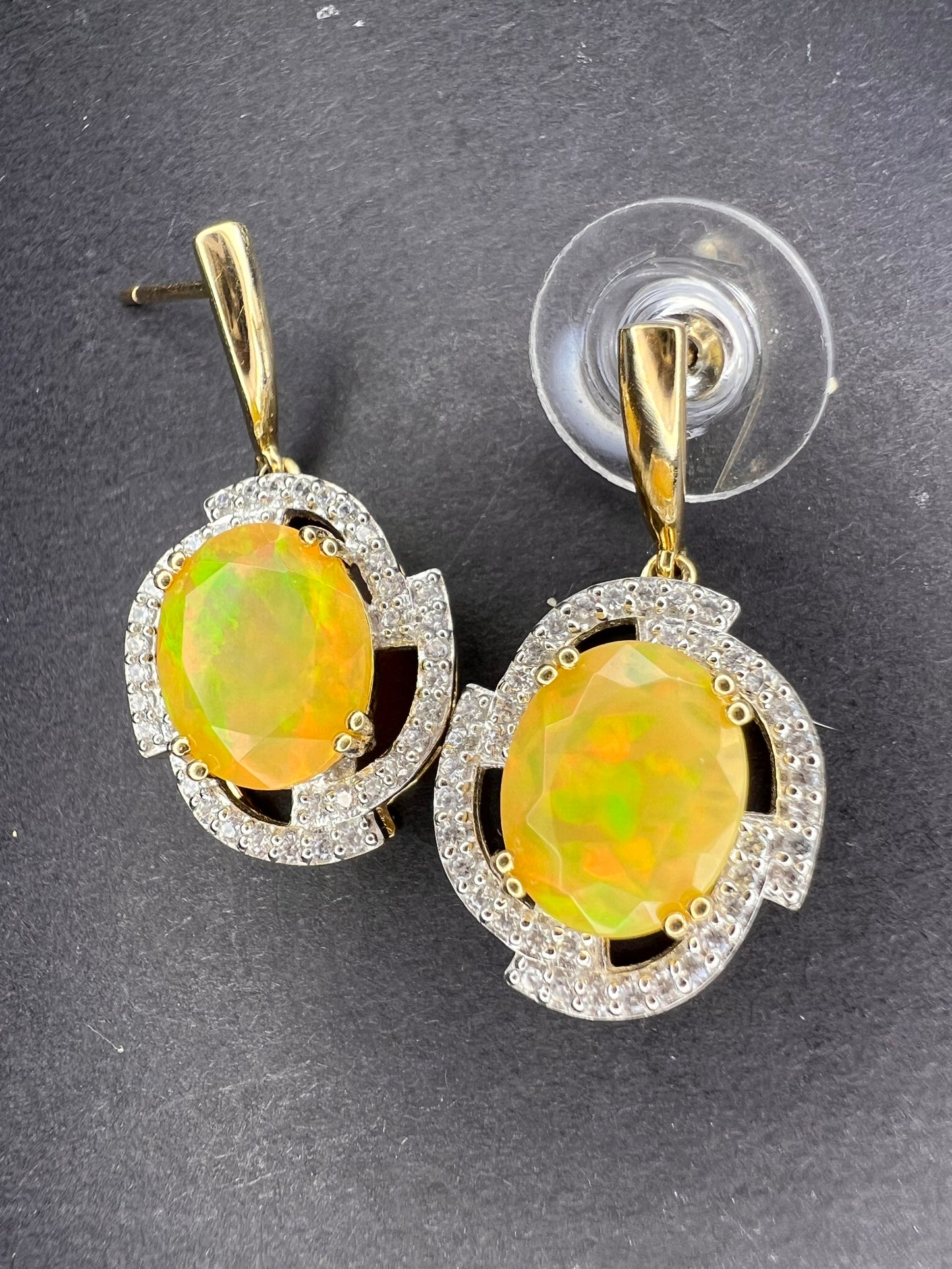 10k gold Ethiopian opal and white zircon earrings