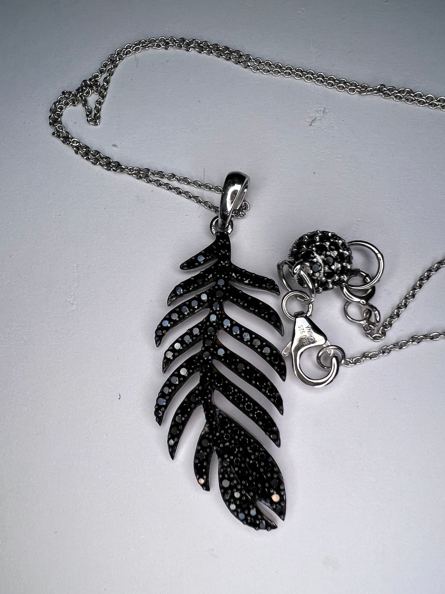 Black Spinel Sterling Silver Feather Pendant With 18 inch Chain