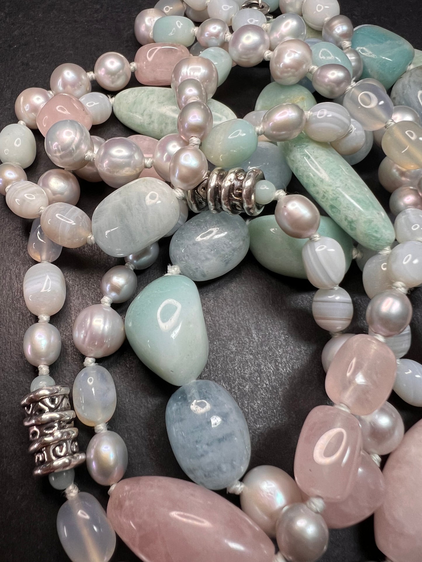 NEW amazonite , pearl multi stone sterling silver 30 inch necklace
