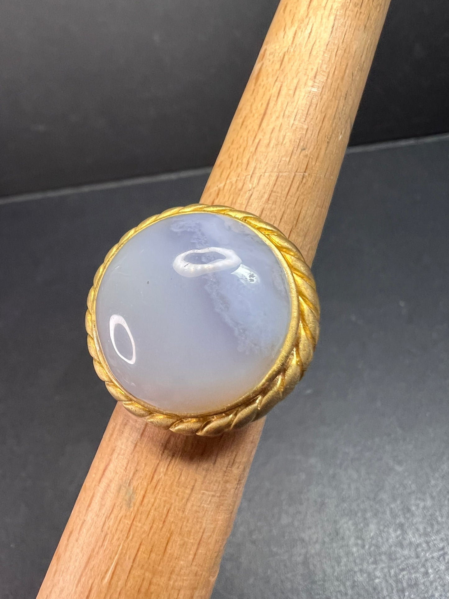 Glow By Sheila Fajl Signed Blue Agate Ring brushed 18kt Plated size 7