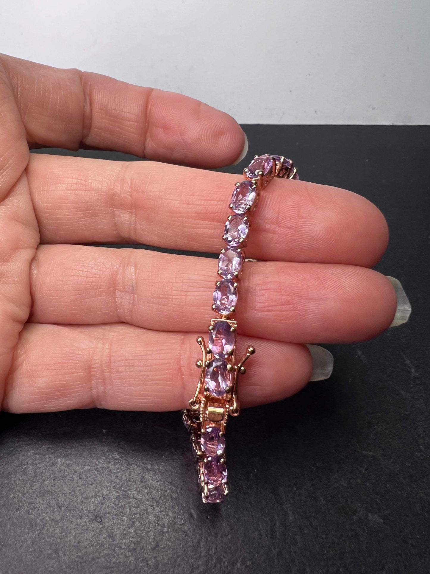 Rose de France amethyst tennis bracelet in 18k rose gold over sterling