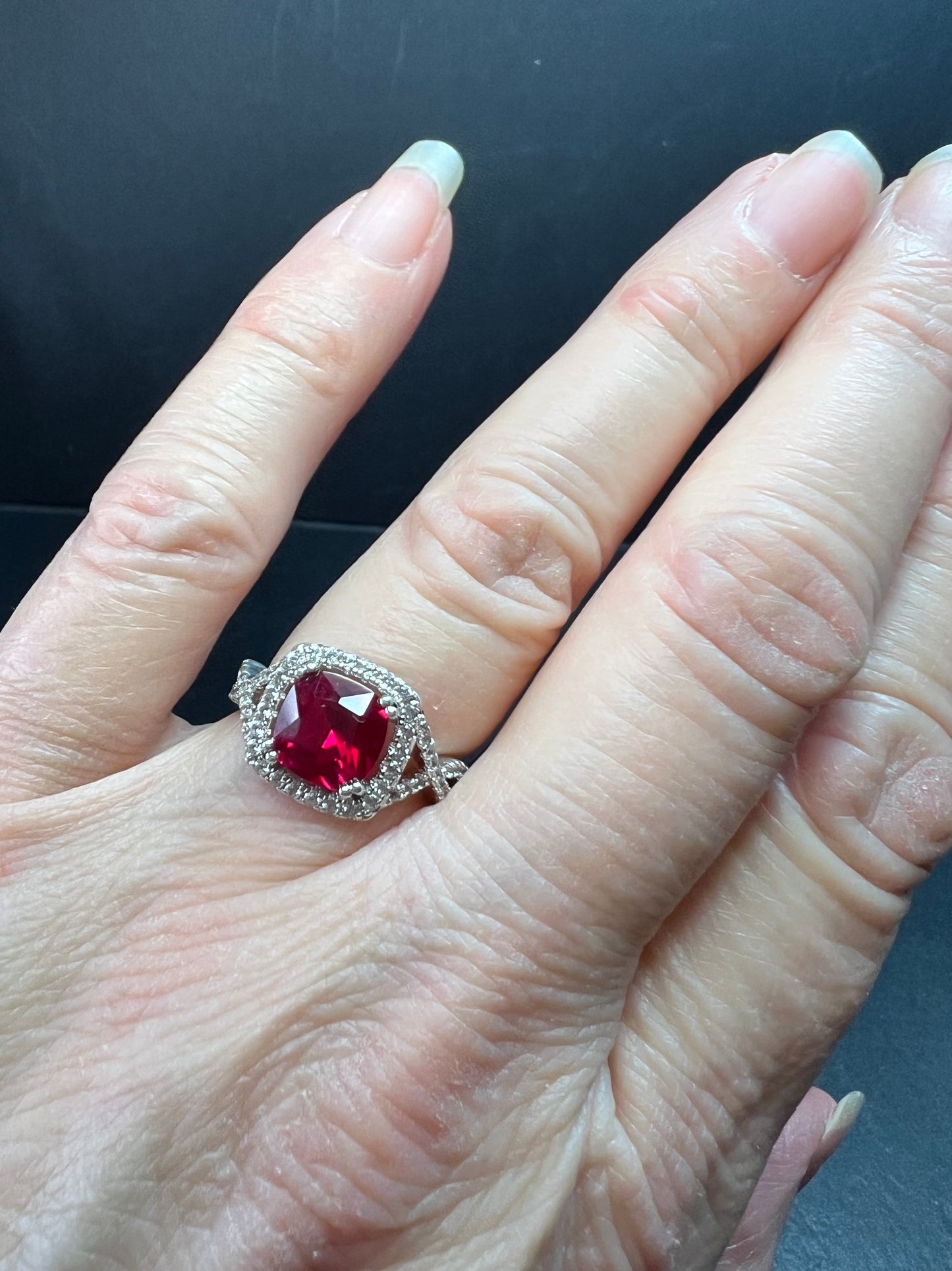 Sterling Silver Lab Ruby Halo Ring Size 7 DHJ 925