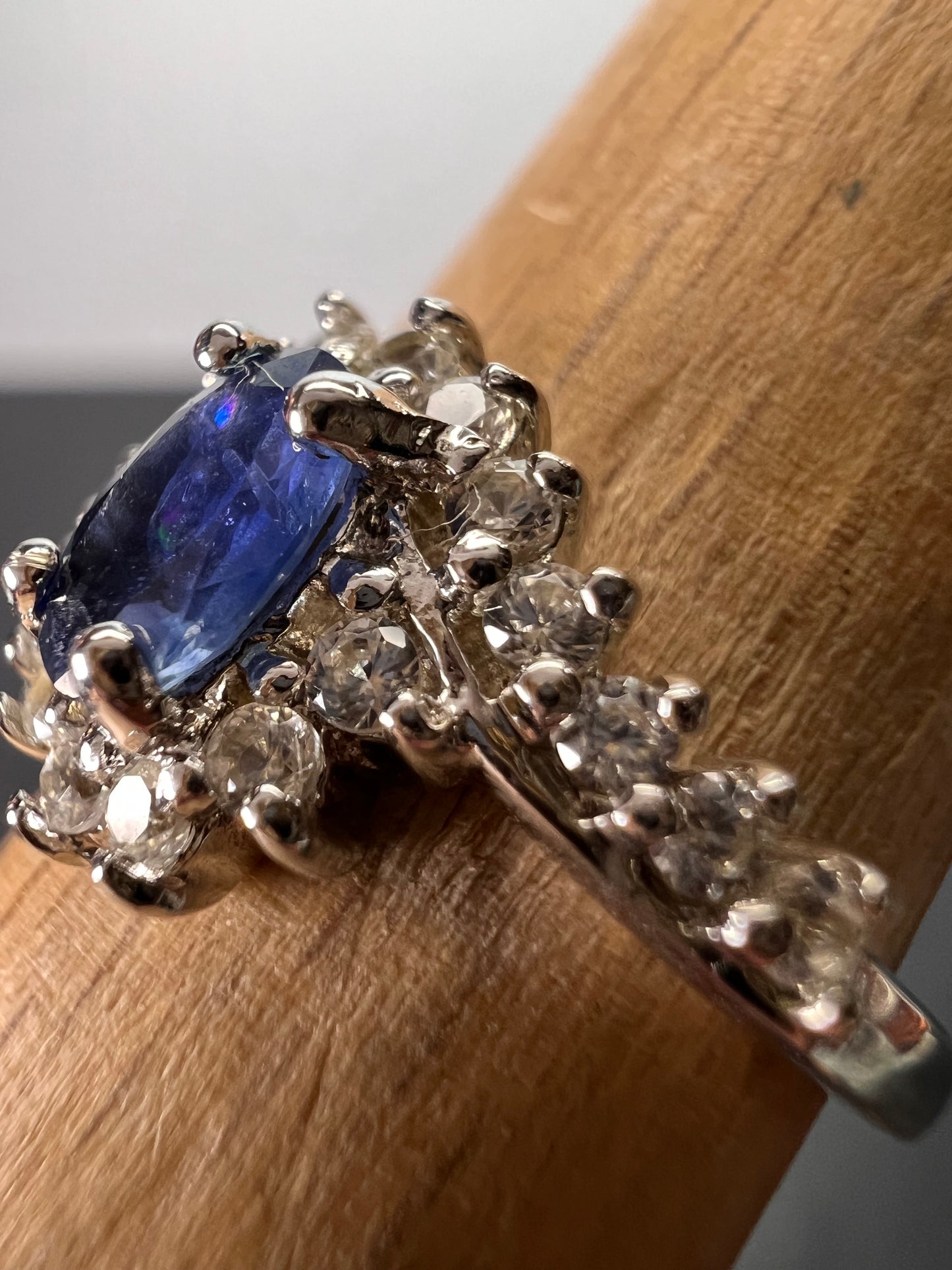 Blue sapphire and zircon floral ring in platinum over sterling silver size 5