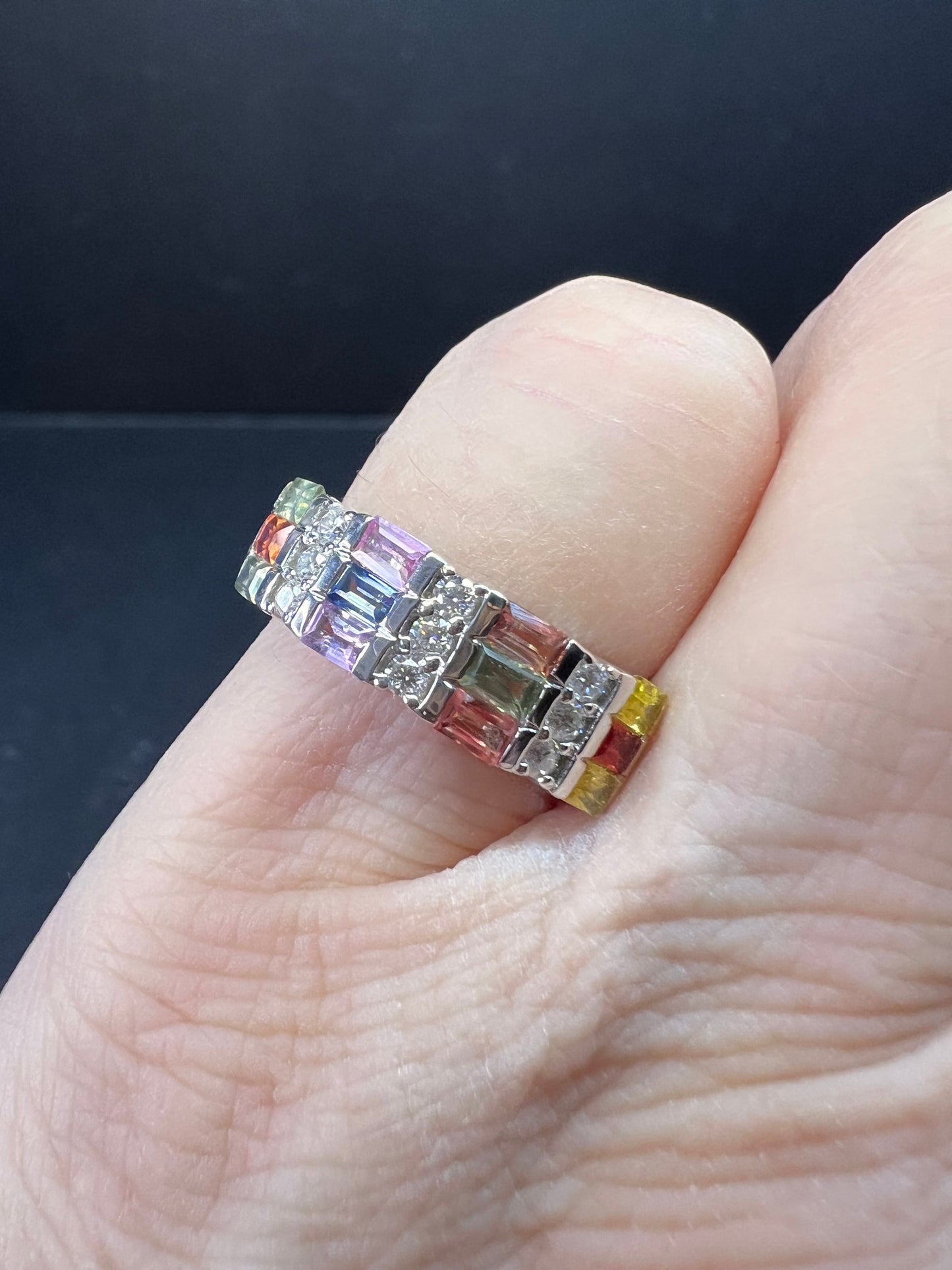 NEW multi sapphire and moissanite art deco style ring in rhodium over sterling silver size 5