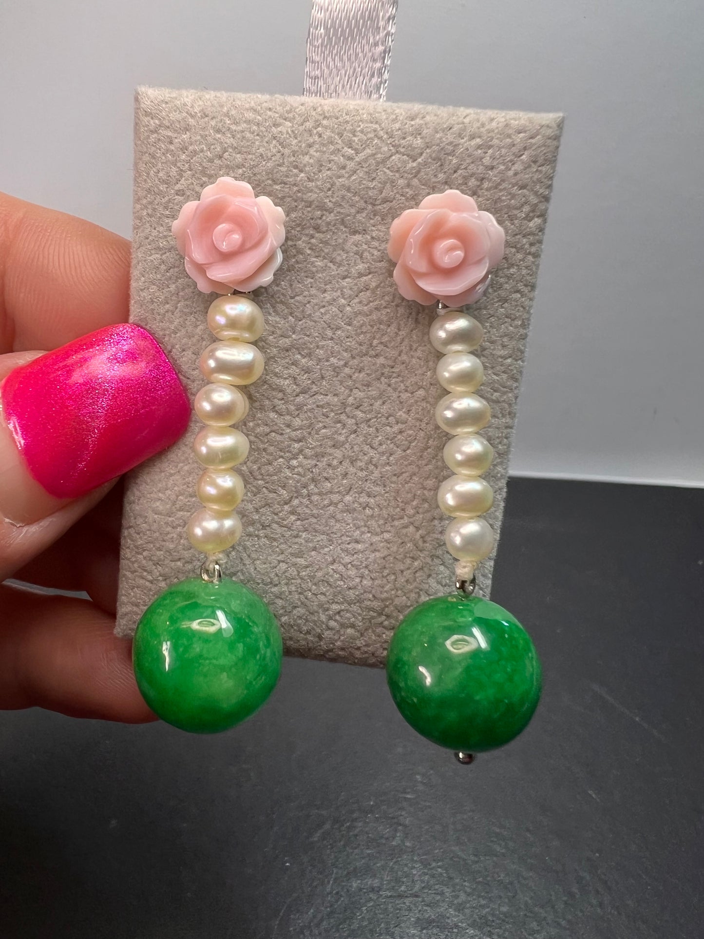 Green Jade , pink flowers and freshwater pearl earrings in rhodium over sterling silver