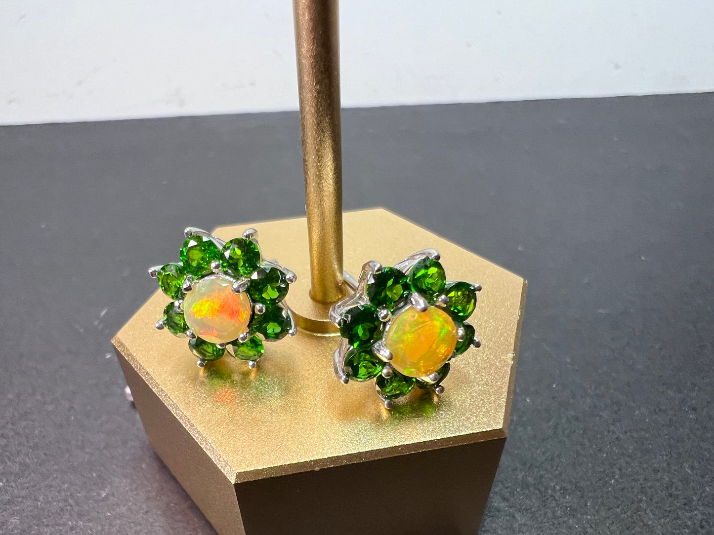 Chrome diopside opal flower stud earrings