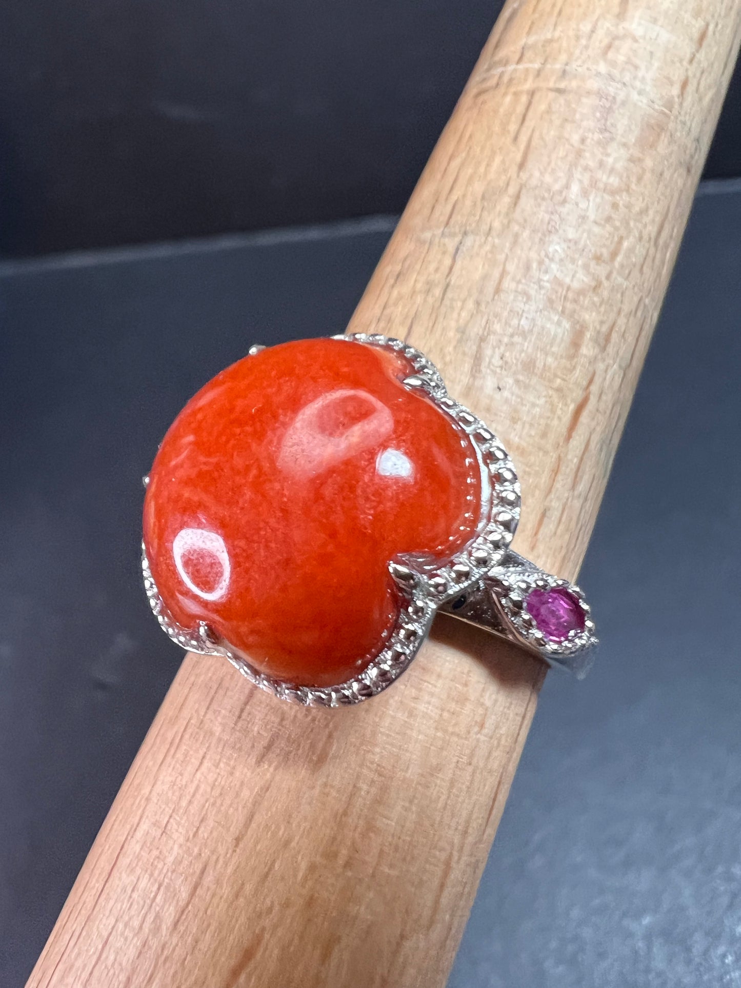 NEW cherry red jade and ruby blossom ring in rhodium over sterling silver size 9