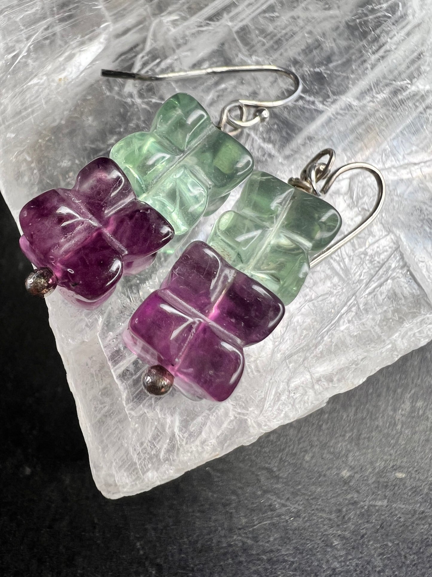 Sterling Silver Carved Fluorite Flower Drop Earrings