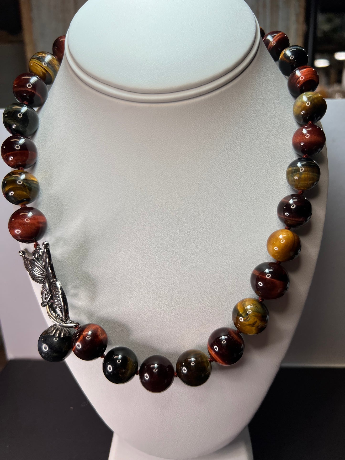 Multi tigers eye beaded knotted necklace with stainless steel toggle clasp