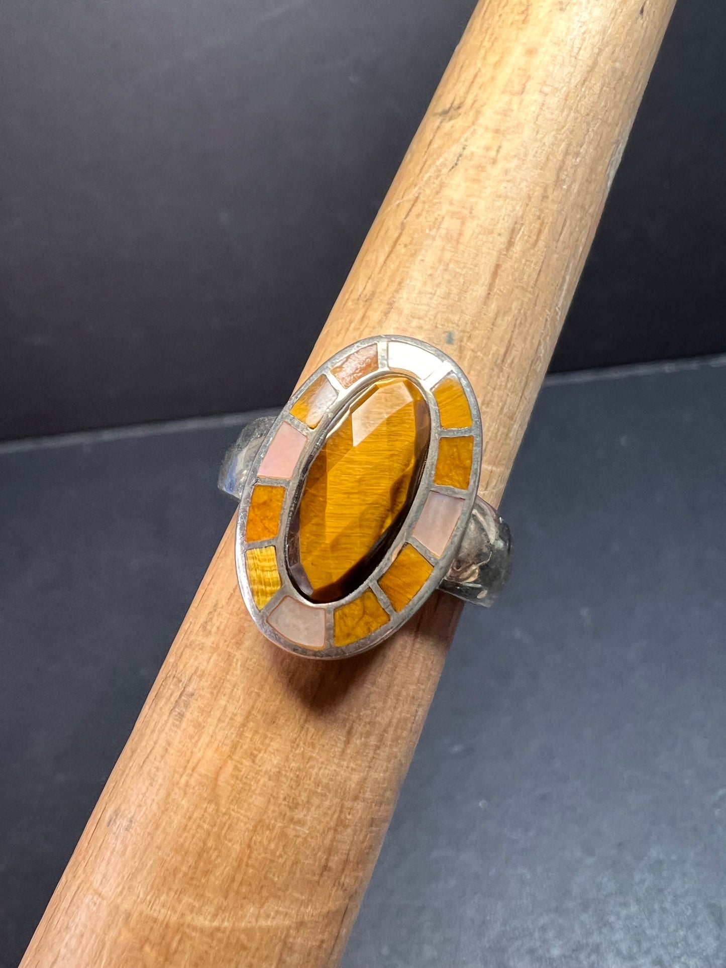 Whitney Kelly tigers eye and mother of pearl sterling silver ring size 7