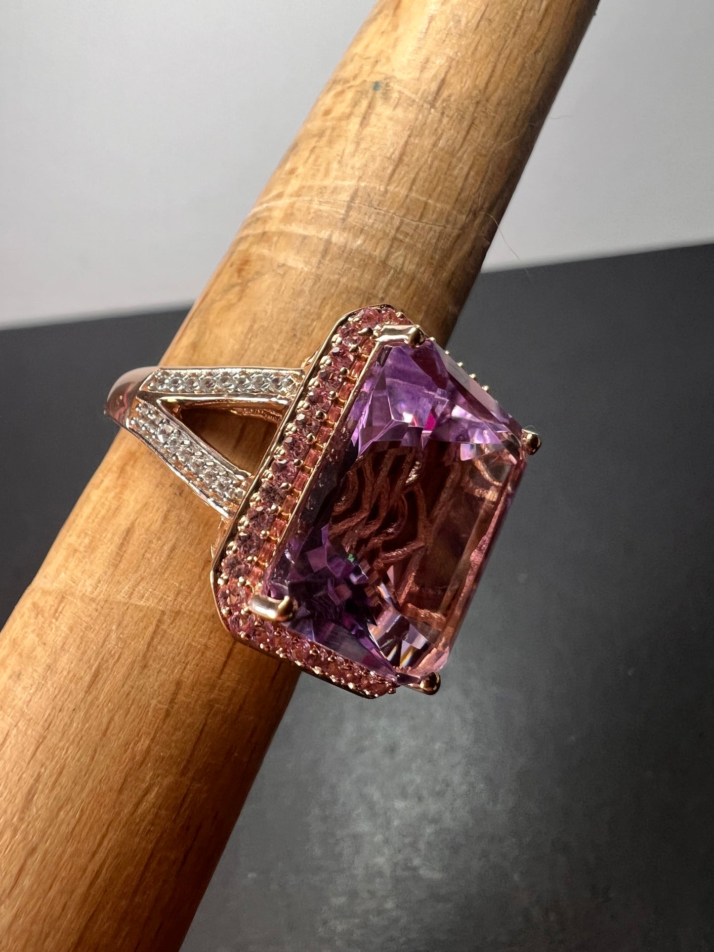 Radiant cut rose de France amethyst and pink sapphire halo ring in rose gold vermeil over sterling silver size 8 *NEW*