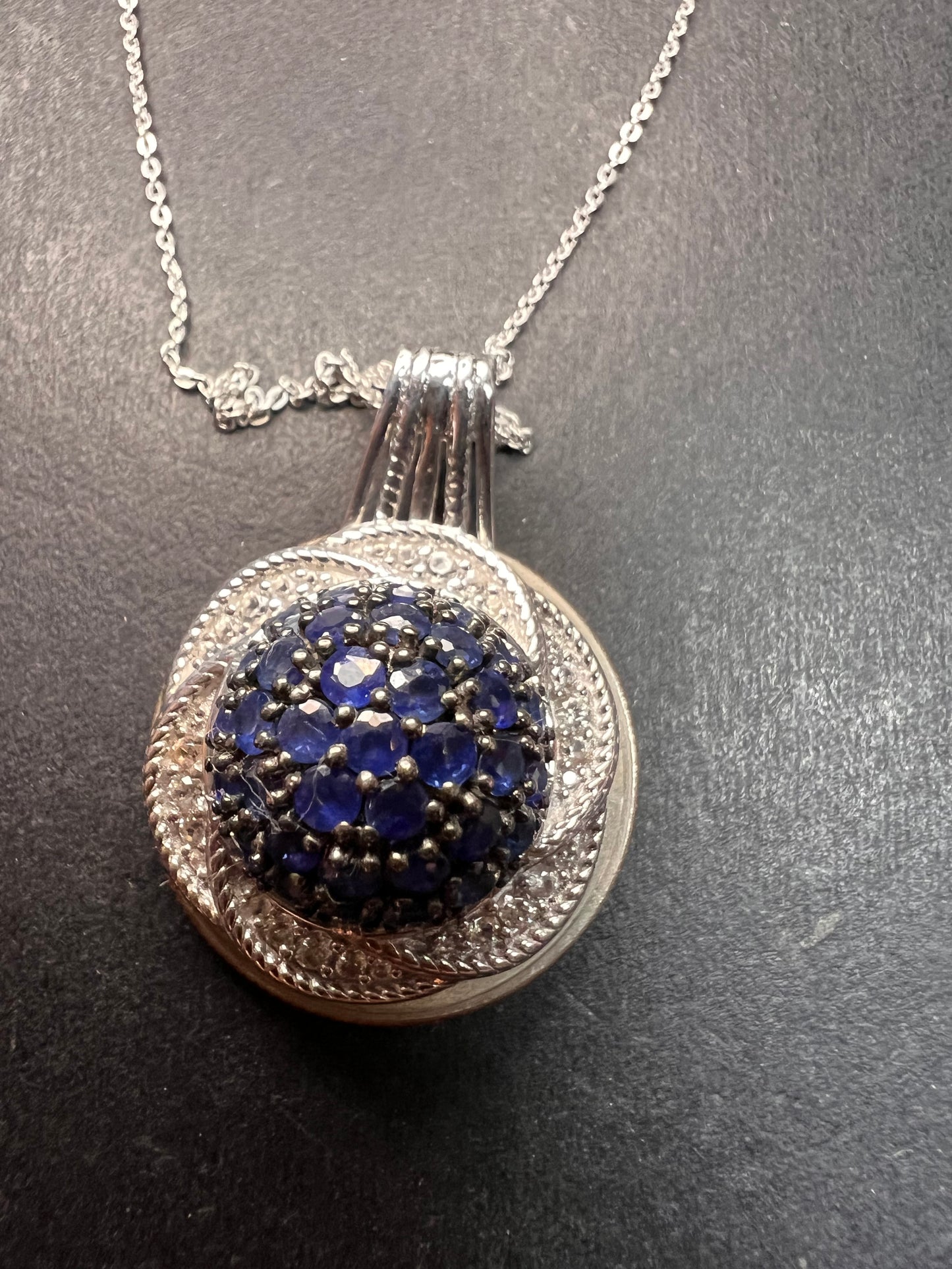NEW blue sapphire and zircon galaxy halo pendant and chain in rhodium over sterling silver