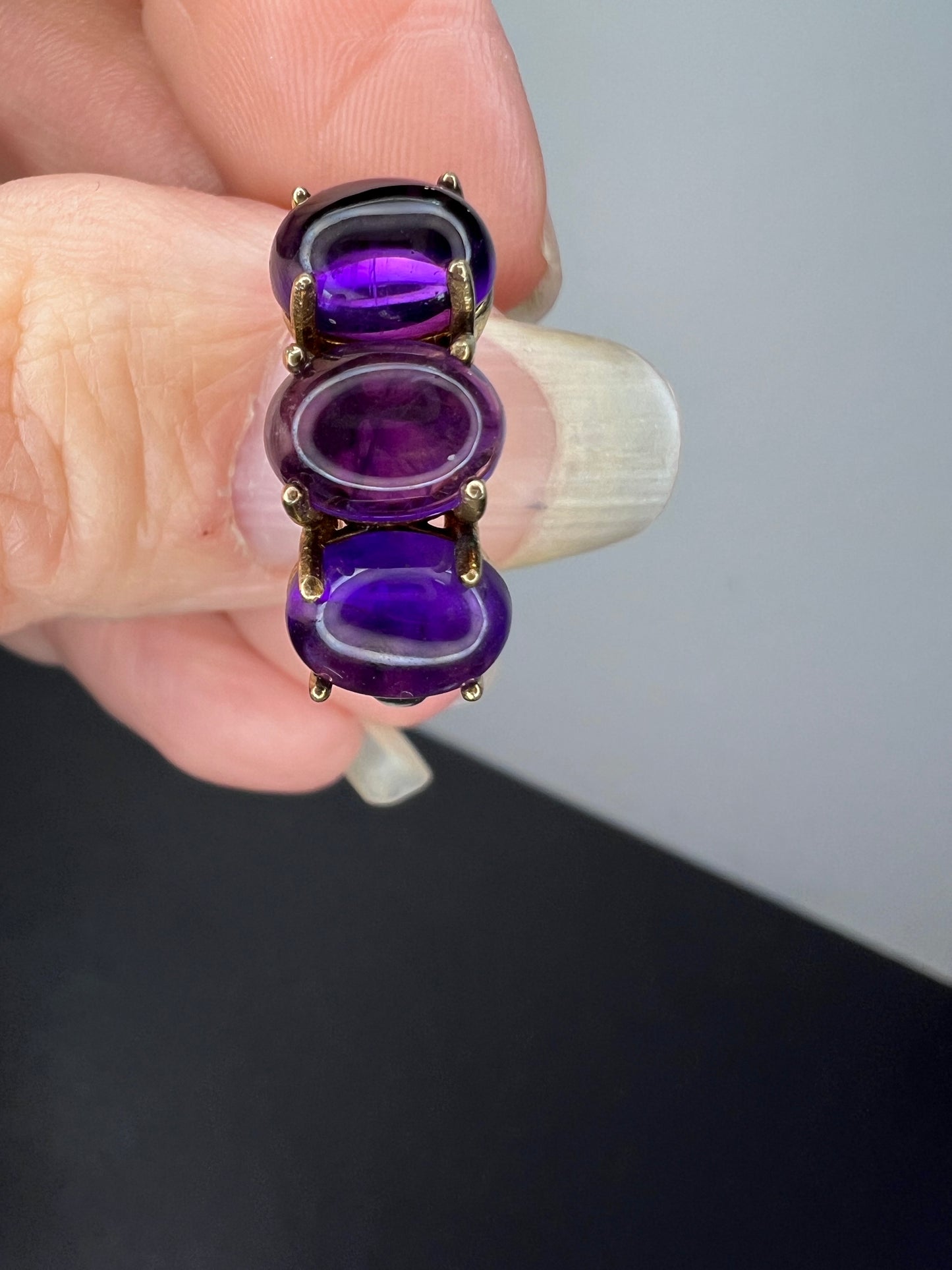 Triple amethyst stone ring in gold over sterling silver size 9