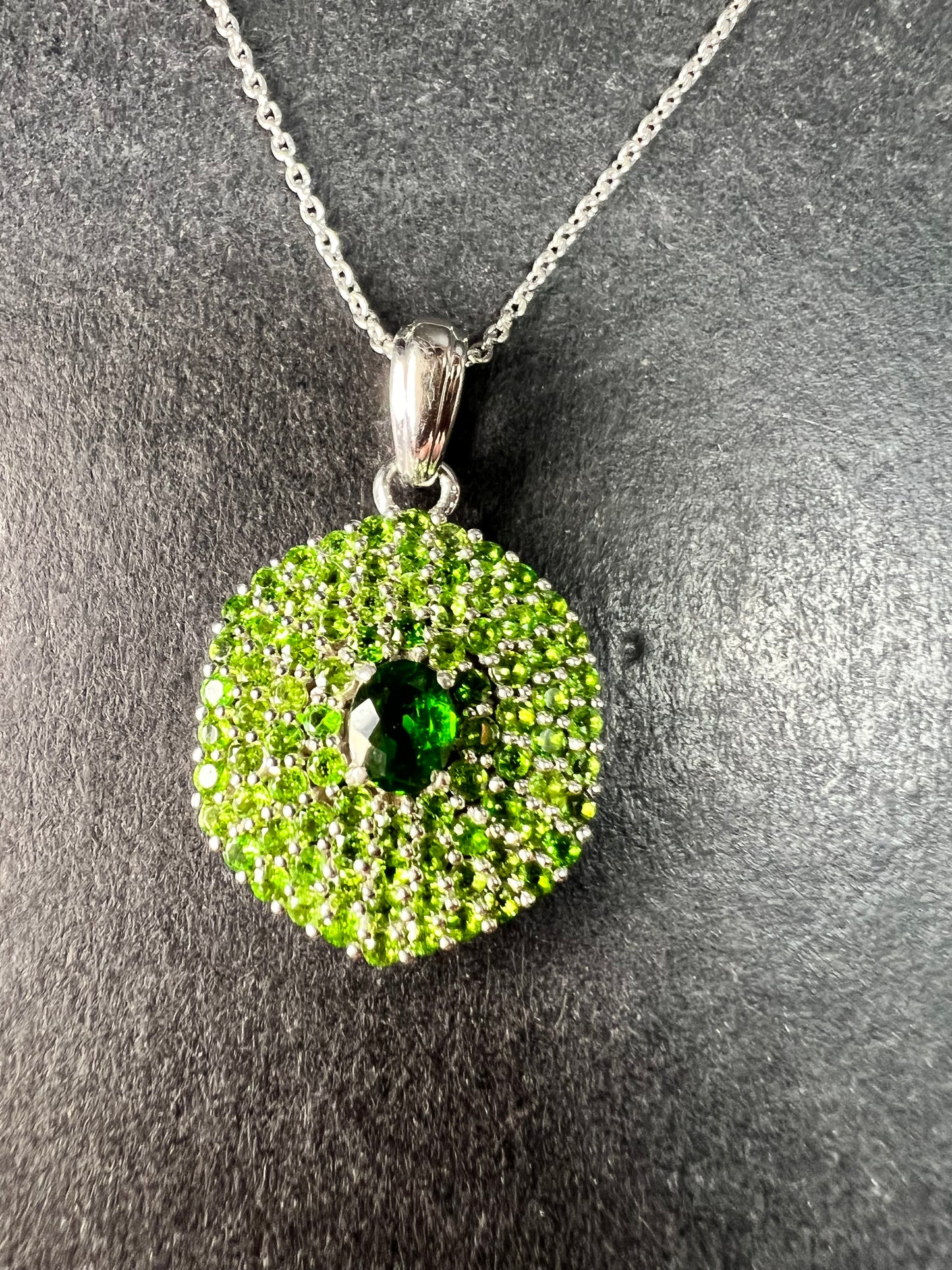 Chrome Diopside Sterling Silver Halo Pendant Necklace 18-20”