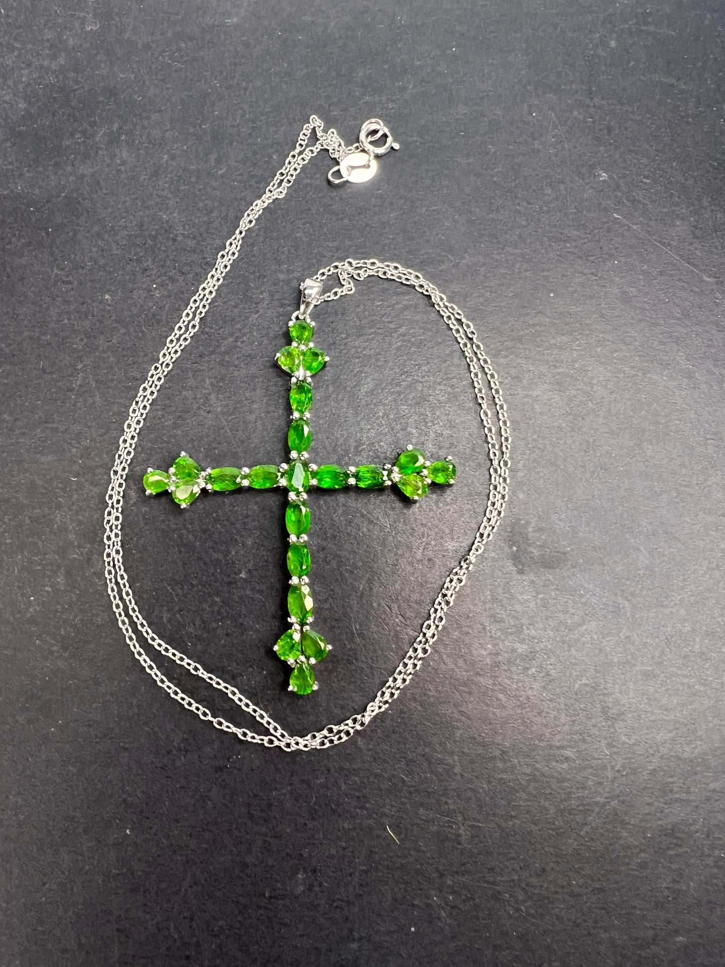 Chrome diopside cross pendant and chain in sterling silver